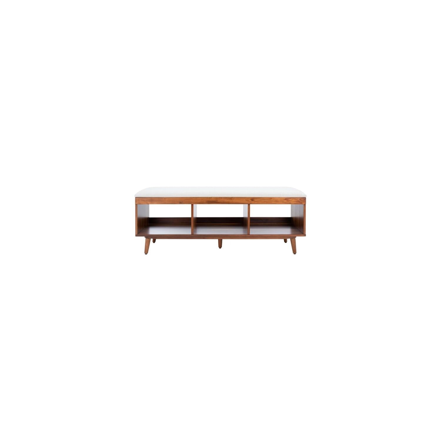 Safavieh Cricket Linen Cushion Acacia Wood Storage Bench - Rectangle Open Shelf Design, Cream/Natural - Perfect for Entryway, Bedroom or Living Room Seating & Storage