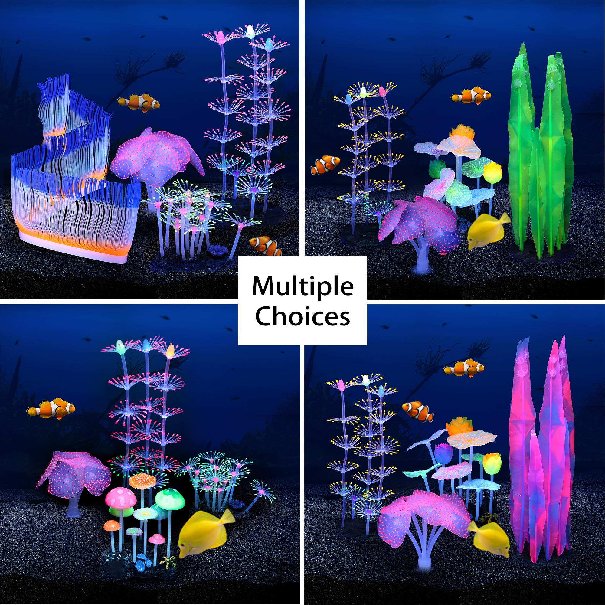 4-Piece Glowing Fish Tank Decor Set - LED Aquarium Plants, Coral, Lotus & Anemone Decorations for Freshwater & Saltwater Tanks | Perfect for Night Viewing, Themed Aquascaping & Enhancing Fish Habitat