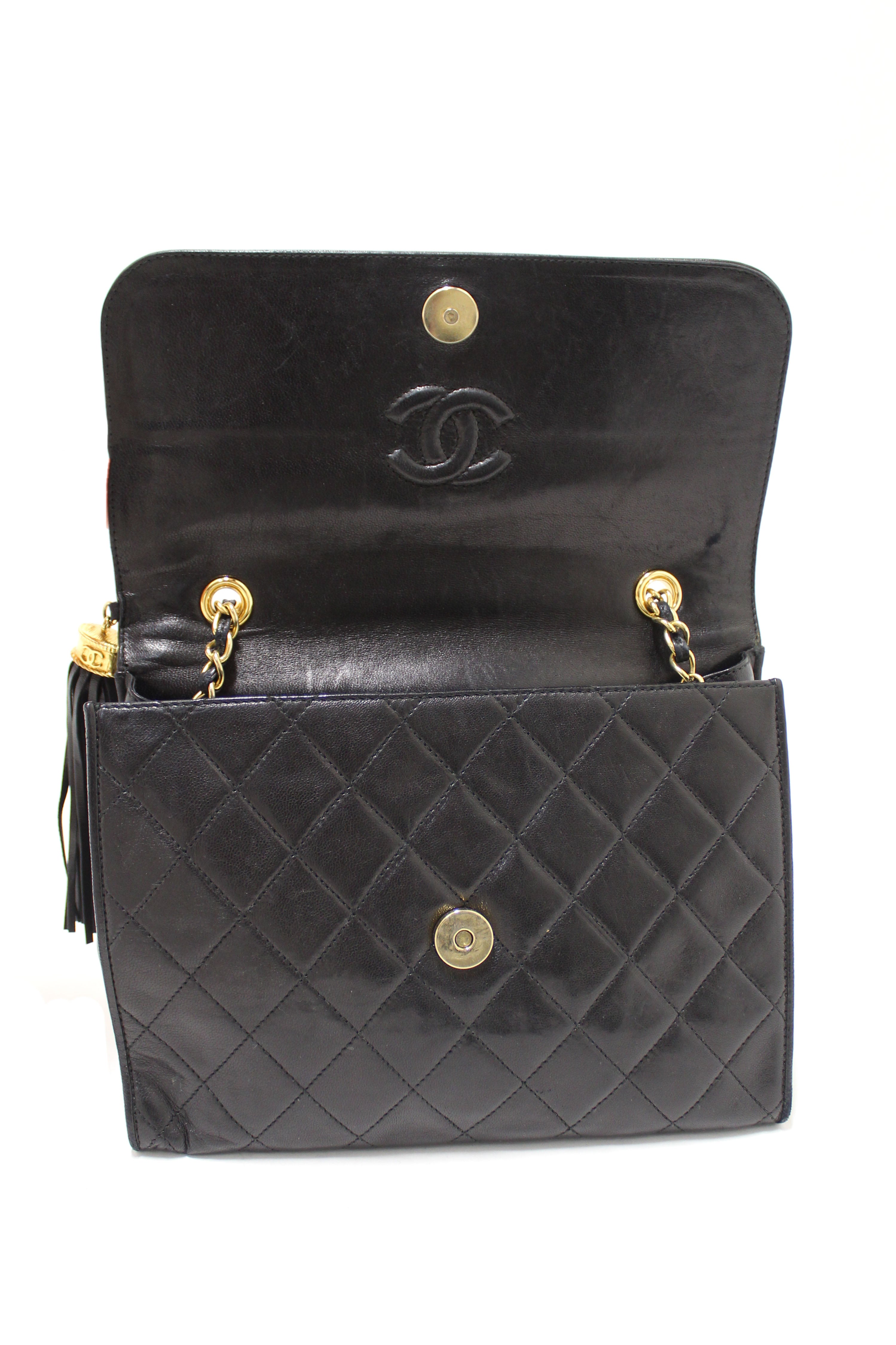 Authentic Chanel Vintage Black Quilted Lambskin Leather Tassel Flap Shoulder Bag for Women | Luxury Designer Crossbody Purse | Perfect for Evening Parties, Date Nights & Special Occasions