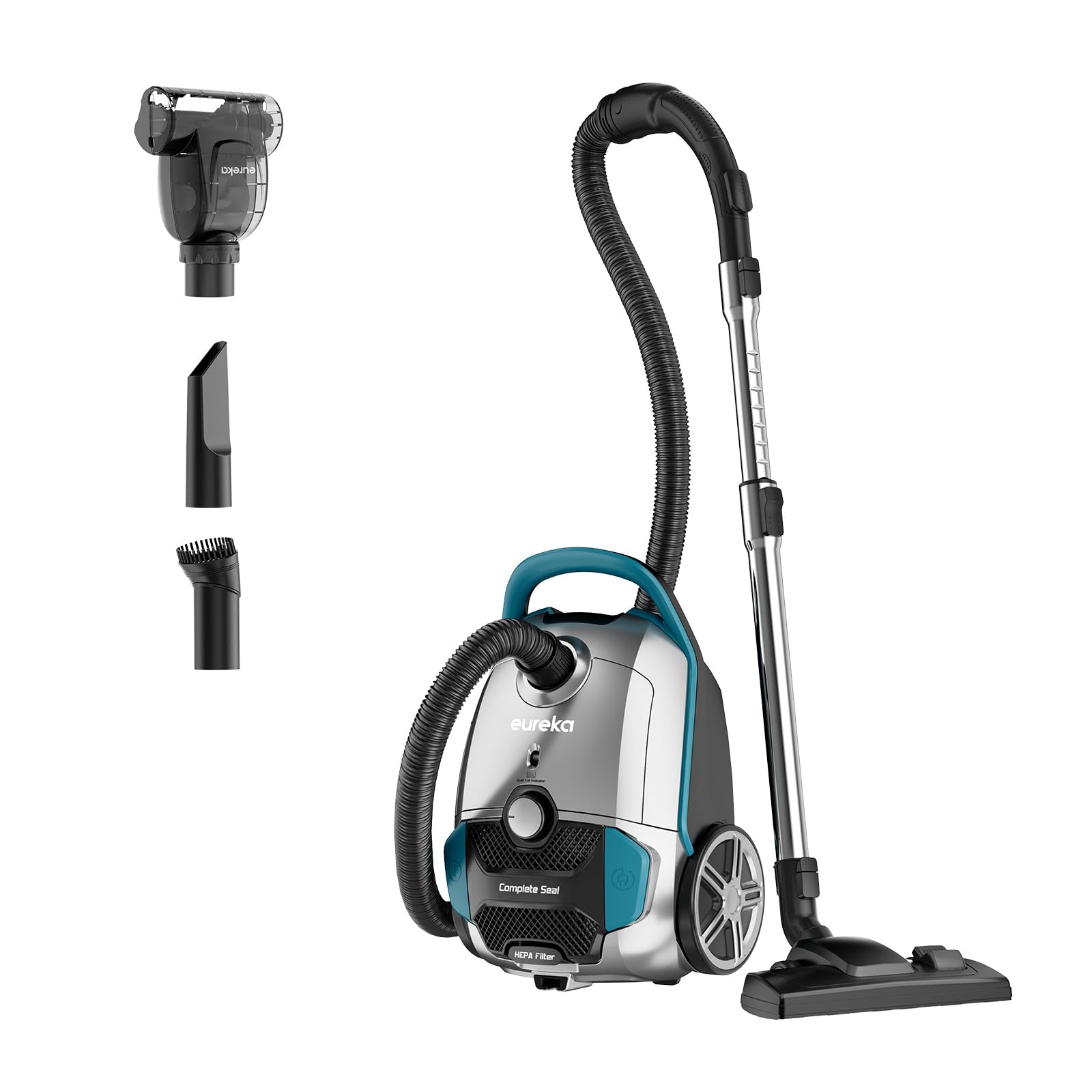 Eureka Lightweight Canister Vacuum Cleaner for Carpets & Hard Floors - Pet Friendly HEPA Filter Vacuum with 4 Dust Bags (Silver/Green) - Perfect for Pet Hair Removal & Whole-Home Cleaning