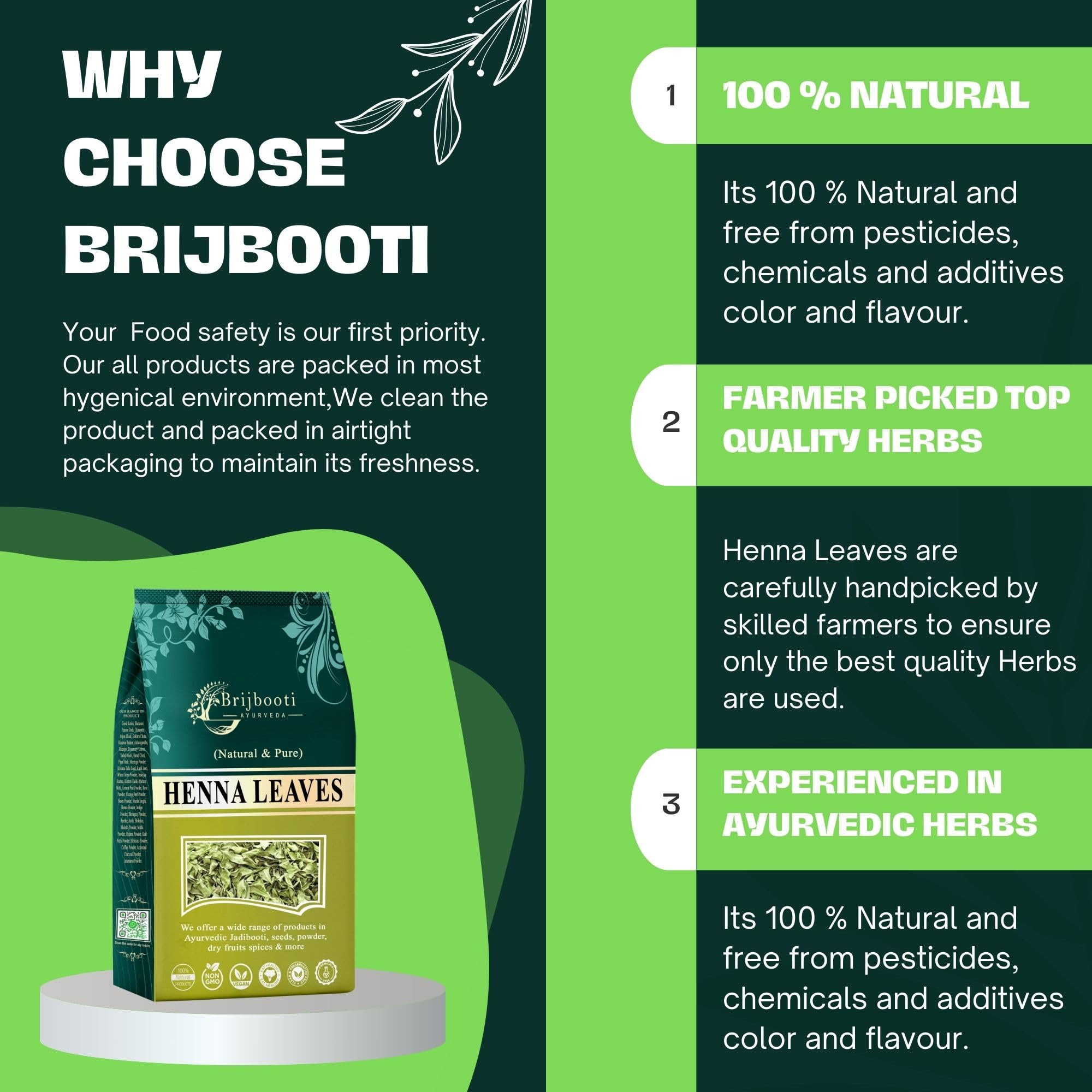 Brijbooti Henna Leaves 200g - 100% Natural Pure Mehndi Powder for Hair Coloring & Body Art | Safe Organic Herbal Dye for Gray Hair Coverage & Bridal Hand Tattoos