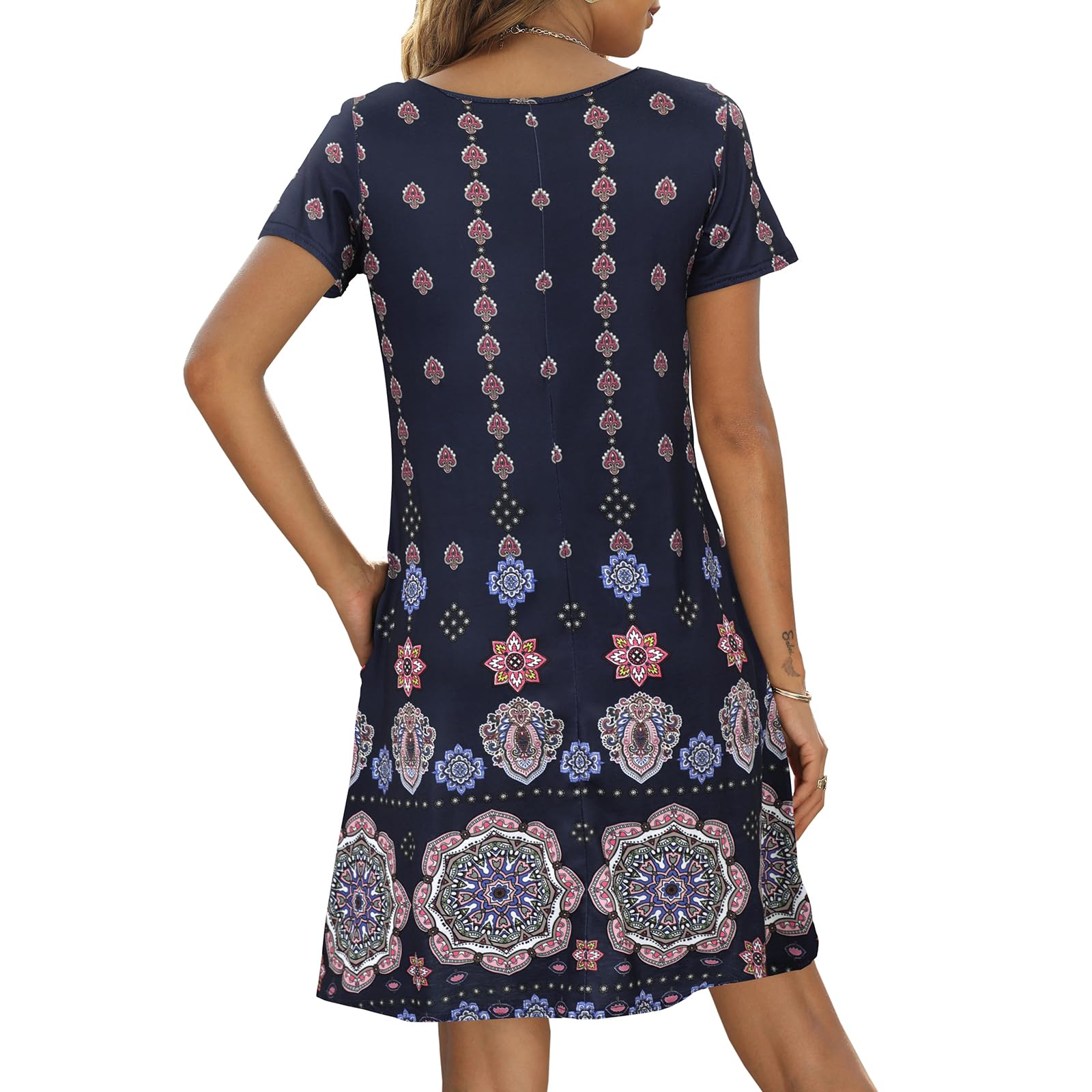 Sherosa Women's Summer Dresses 2025 - Boho Beach Sundress with Pockets, Short Sleeve Loose Fit Casual T-Shirt Dress for Vacation, Travel, and Outdoor Activities