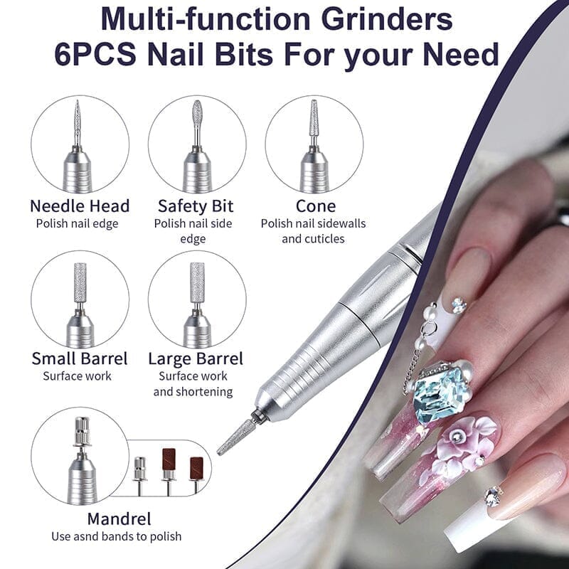 Professional Electric Nail Drill Machine Kit - Pink Portable Manicure Pedicure Tool with 6 Multifunctional Drill Bits for Salon & Home Nail Care, DIY Gel Polish Removal & Nail Art Design