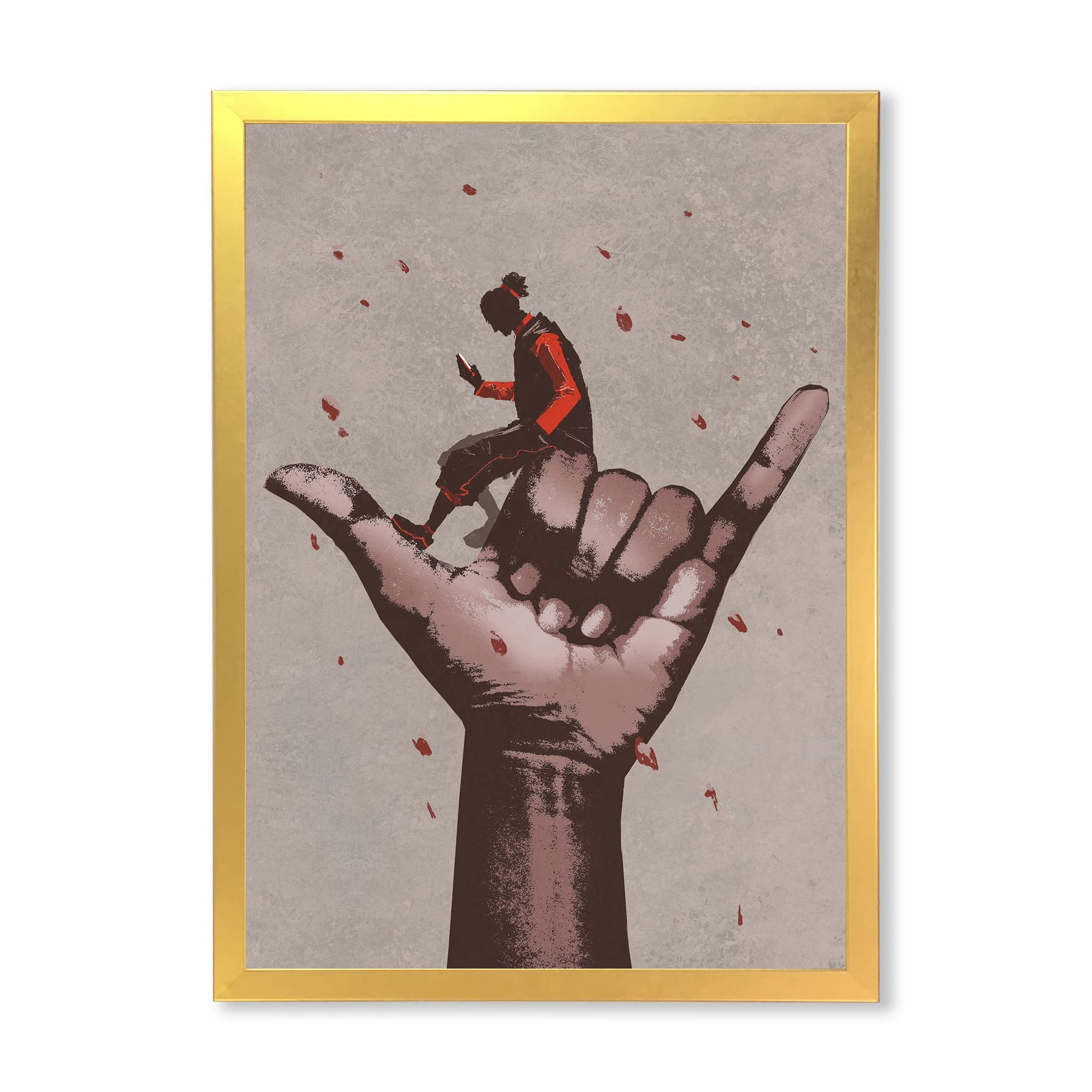 Call Me Sign With Man Using Mobile Phone - Modern Framed Wall Art Decor for Office, Living Room & Home