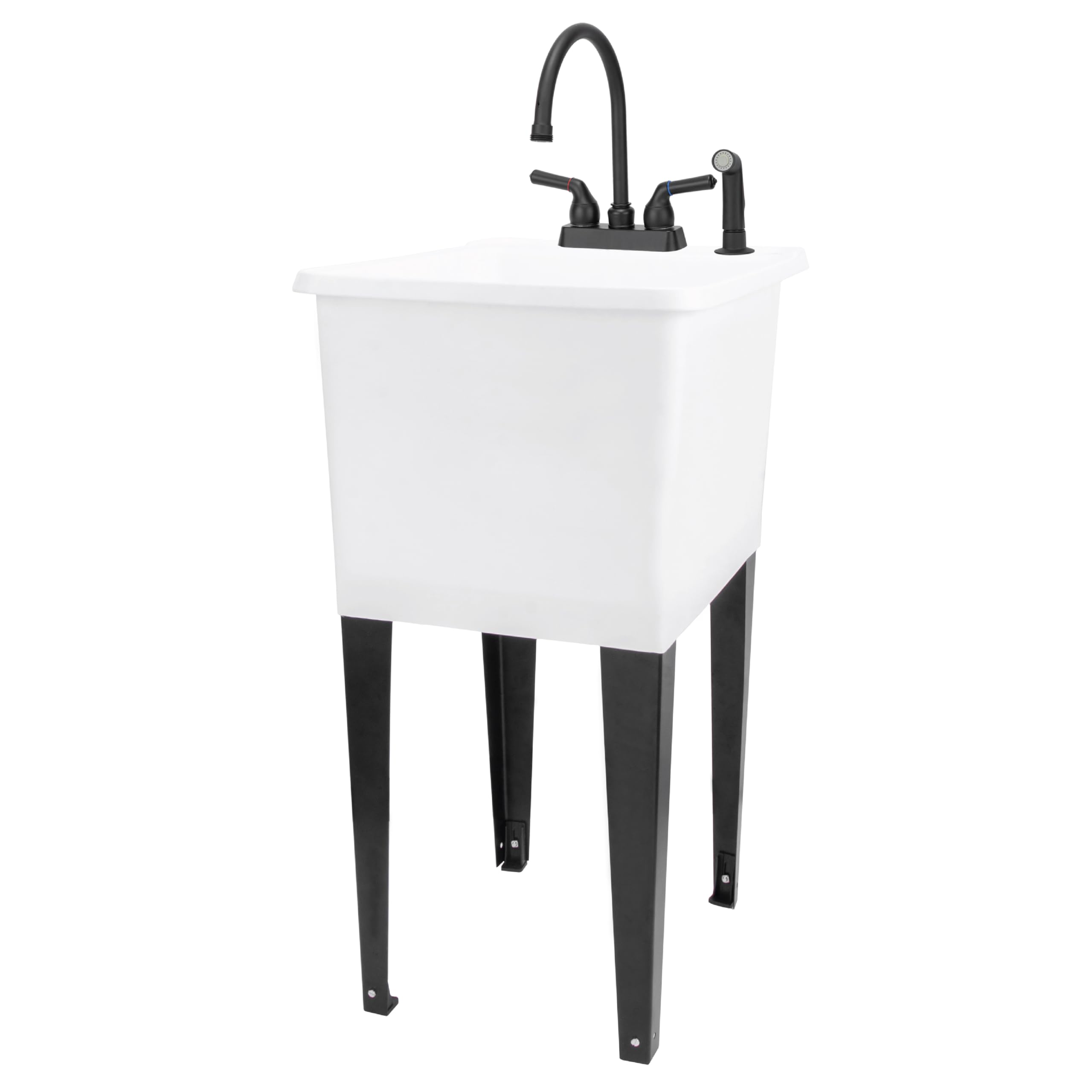 JS Jackson Supplies Space Saver Utility Sink with Gooseneck Faucet & Side Sprayer - White Tub & Black Faucet for Laundry Room, Garage, or Workshop | Compact Design for Small Spaces