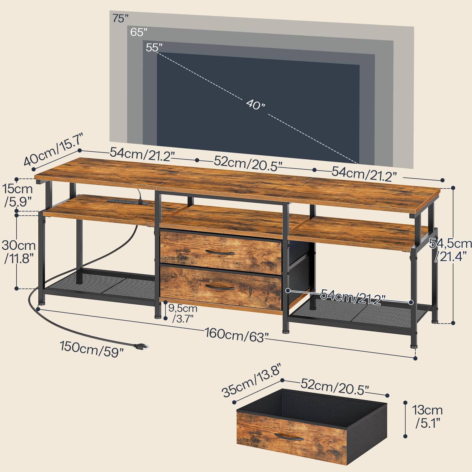HOOBRO 75 Inch TV Stand with Power Outlet & LED Lights - Modern Rustic Brown Entertainment Center with 2 Non-Woven Drawers - Perfect for Living Room, Bedroom Home Theater Setup (Model BF55UDDS01)