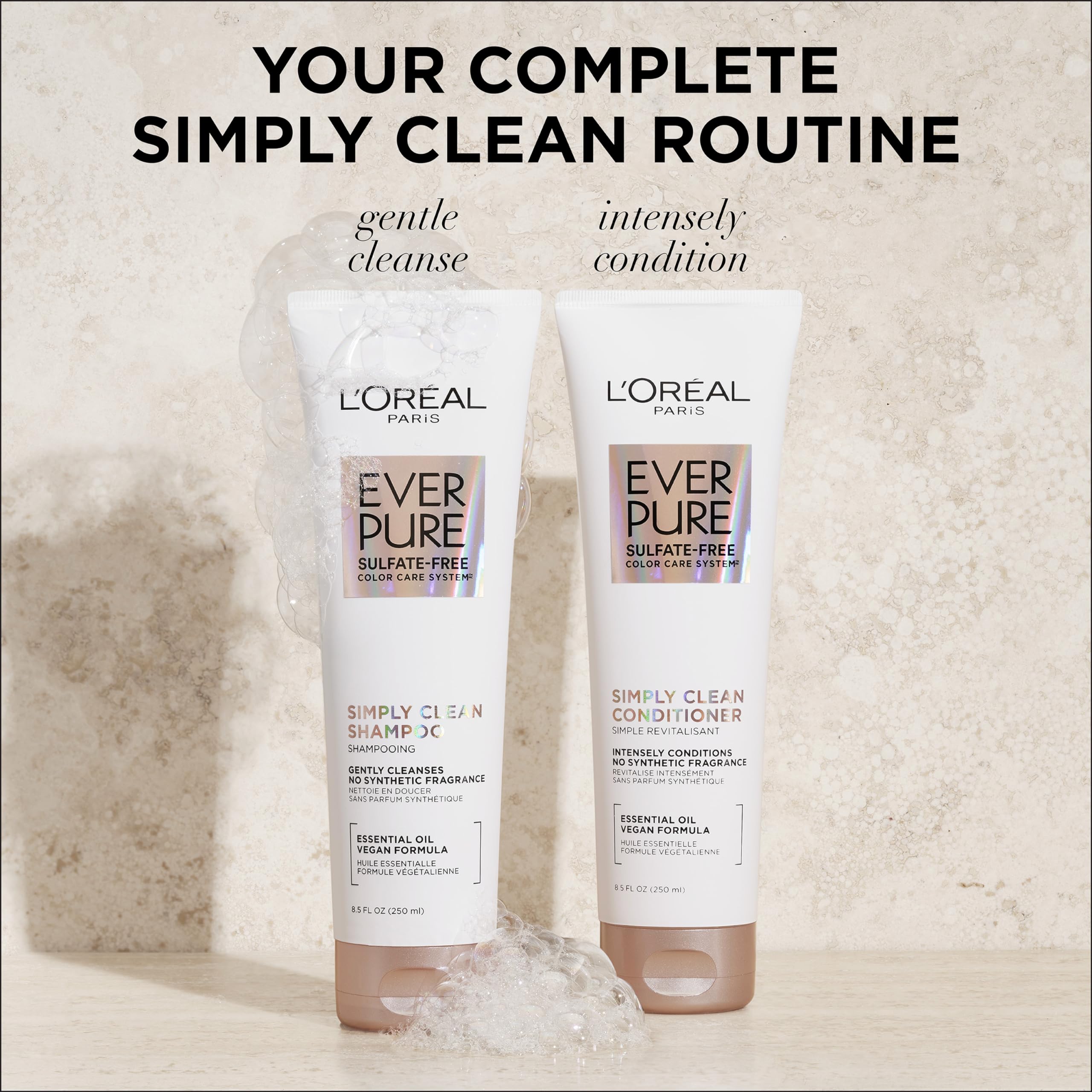 L'Oreal Paris EverPure Sulfate Free Simply Clean Shampoo - Hydrating Hair Care with Rosemary Essential Oils, 8.5 Fl Oz - Gentle Daily Cleansing for Color Treated & Dry Hair