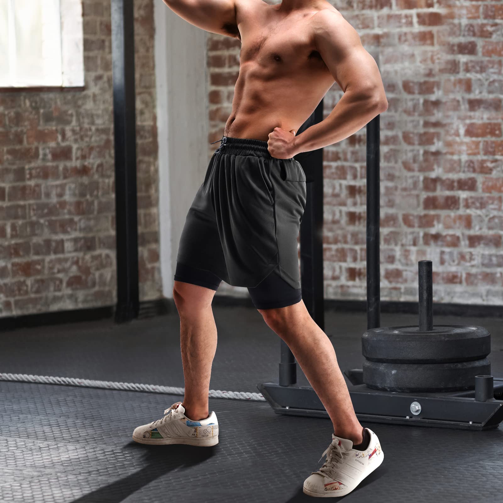 2 in 1 Men's Running & Gym Shorts - 7 Inch Quick-Dry Workout Shorts with Pockets & Towel Loop (2 Pack) - Perfect for Jogging, Training & Outdoor Activities