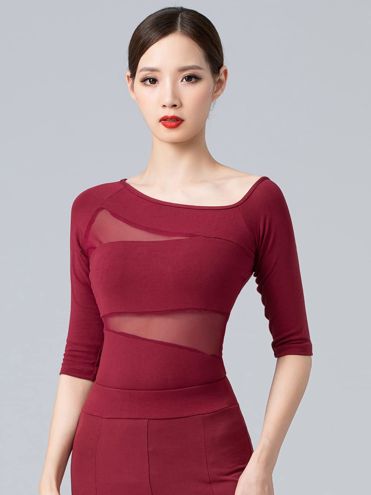 Sexy Women's Dance Tops - Oblique Shoulder 1/2 Sleeve Ballroom Latin Yoga Crop Top Shirt for Women | Perfect for Salsa, Zumba, Performance & Fitness Workouts