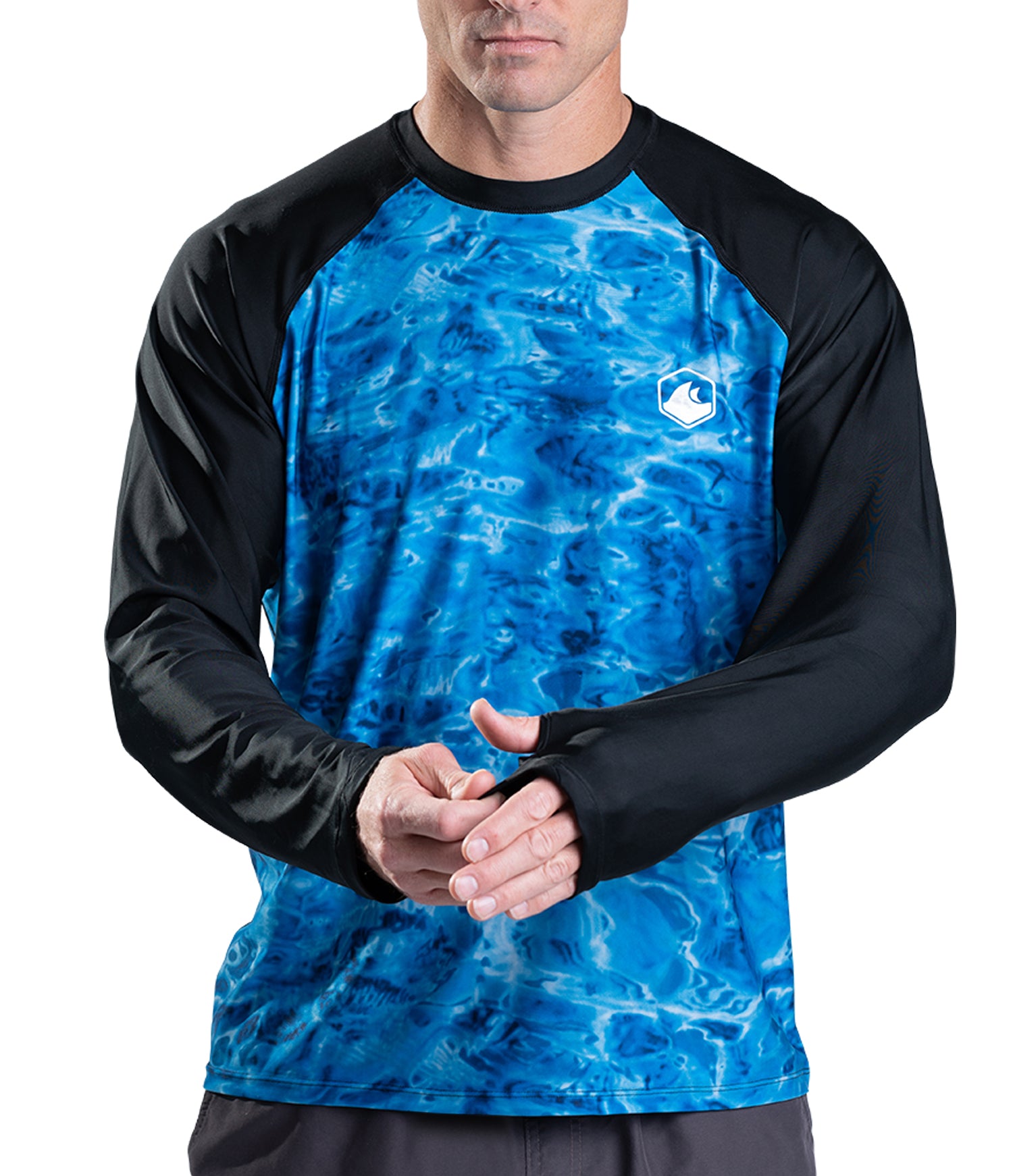 Men's UPF 50+ Long Sleeve Rash Guard Swim Shirt with Thumb Holes - Aqua Design for Surfing, Swimming & Sun Protection
