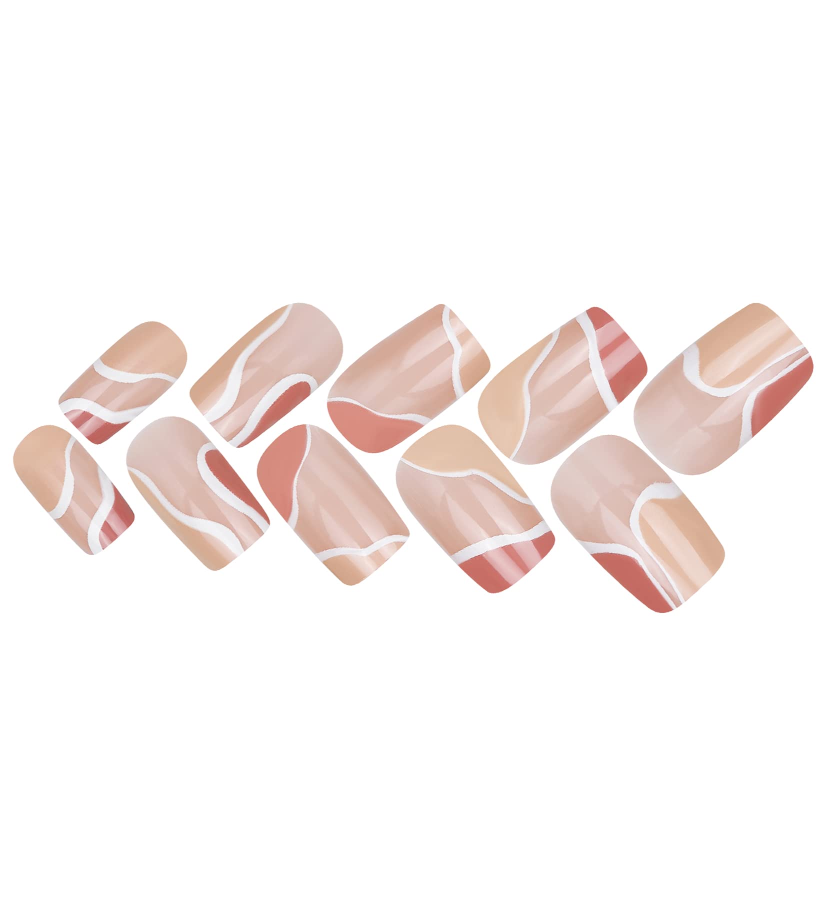 24 Pcs Short Press on Nails with Glue - Glossy Fake Nails for Women & Girls, Brown Nude French Design - Perfect for Parties, Weddings & Everyday Wear