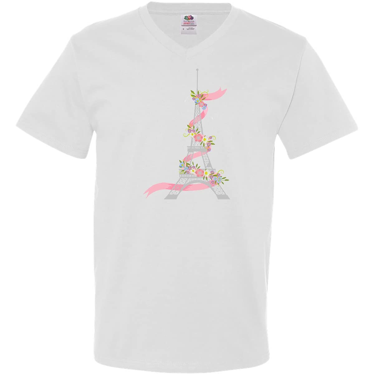 Inktastic Cute Eiffel Tower with Pink Ribbon and Flowers Men's V-Neck T-Shirt - Parisian Themed Casual Wear for Travel & Date Nights