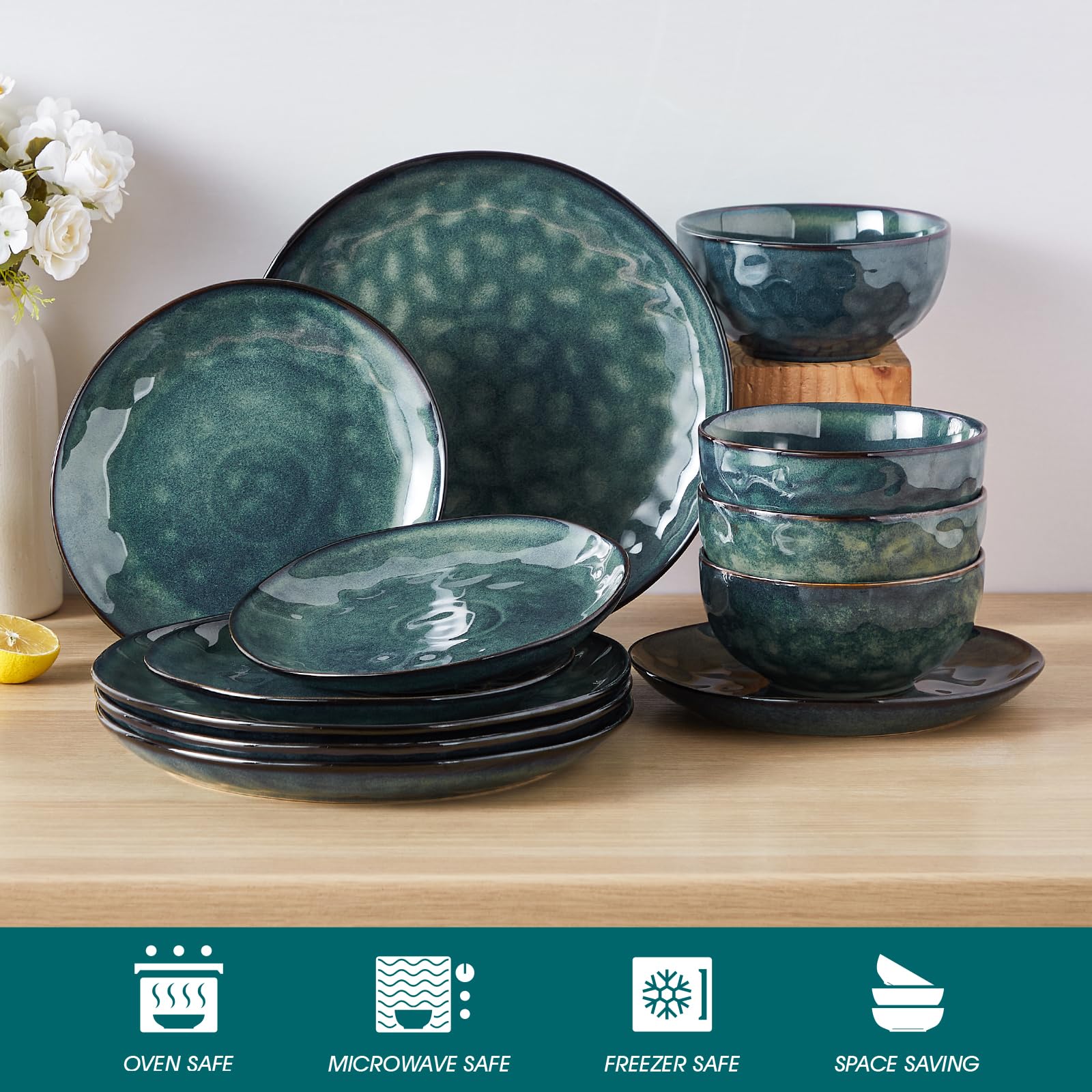Vancasso Starry 12-Piece Dinnerware Set for 4 - Stoneware Plates & Bowls Set, Dishwasher & Microwave Safe, Green - Perfect for Family Dinners, Parties & Everyday Use