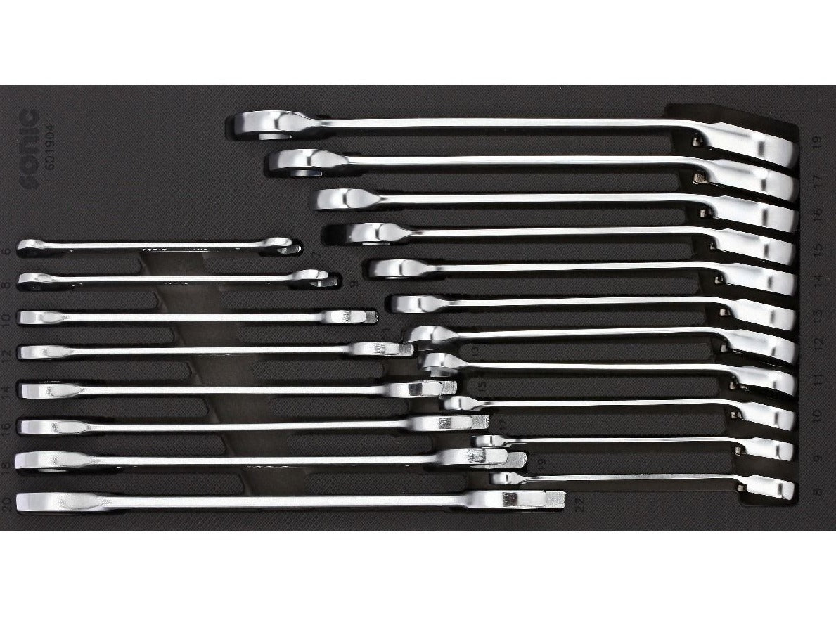 19-Piece Sonic Foam System Reversible Ratcheting Open Wrench Set - 1/3