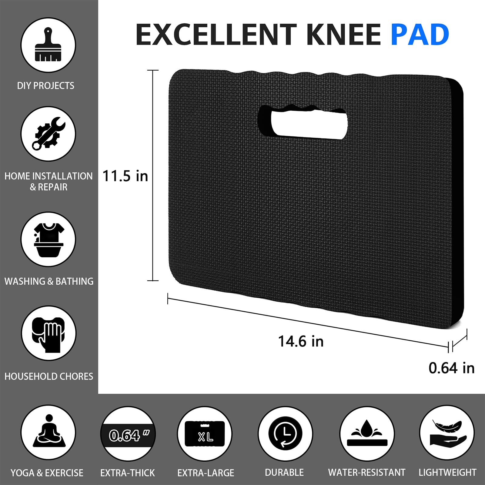 HOOPLE Soft Foam Kneeling Pad - Waterproof Garden Knee Cushion for Gardening, Yoga, Exercise & Bathing - Lightweight Knee Mat for Outdoor Work, Home Workouts & Relaxation - Perfect Gardening Gift for Women & Men (Black)