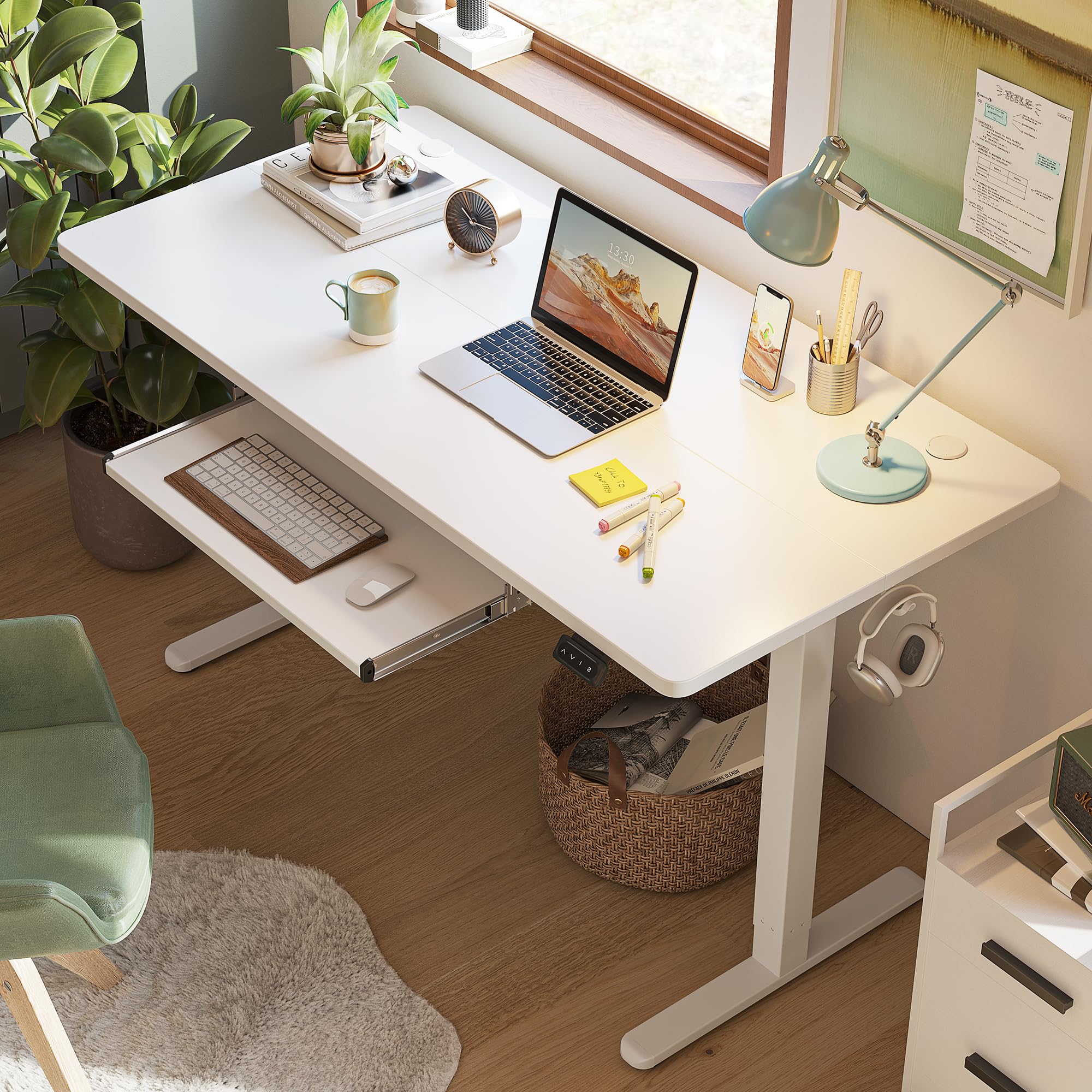 FEZIBO 48 x 24 Inches Electric Height Adjustable Standing Desk with Keyboard Tray - White Sit Stand Office Desk for Home & Workspace - Perfect for Remote Work, Gaming & Ergonomic Computing Setup