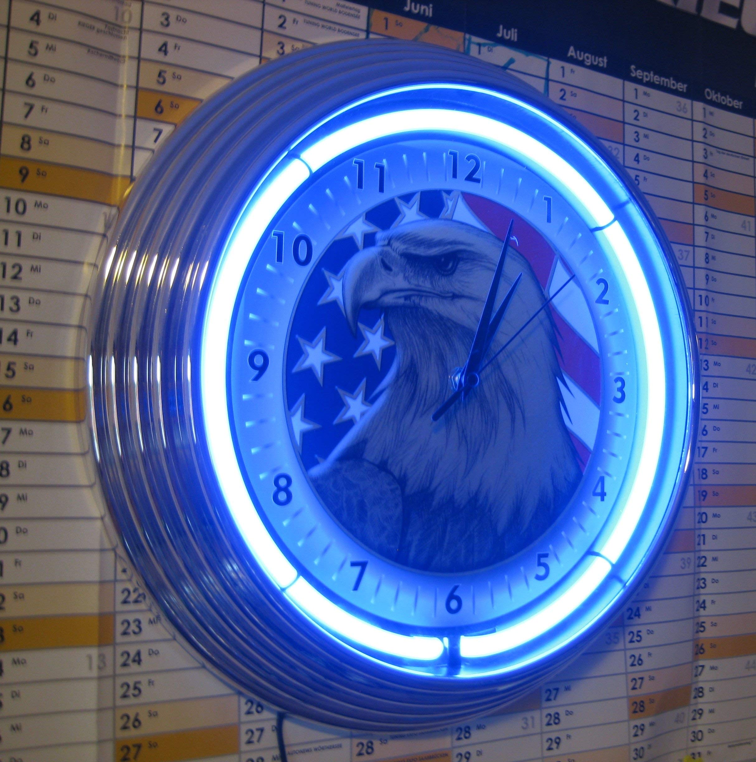 American Flag Eagle Neon Wall Clock - 15 Inch Patriotic Decor for Home, Office & Man Cave | Unique LED Night Light Gift for Veterans & Independence Day
