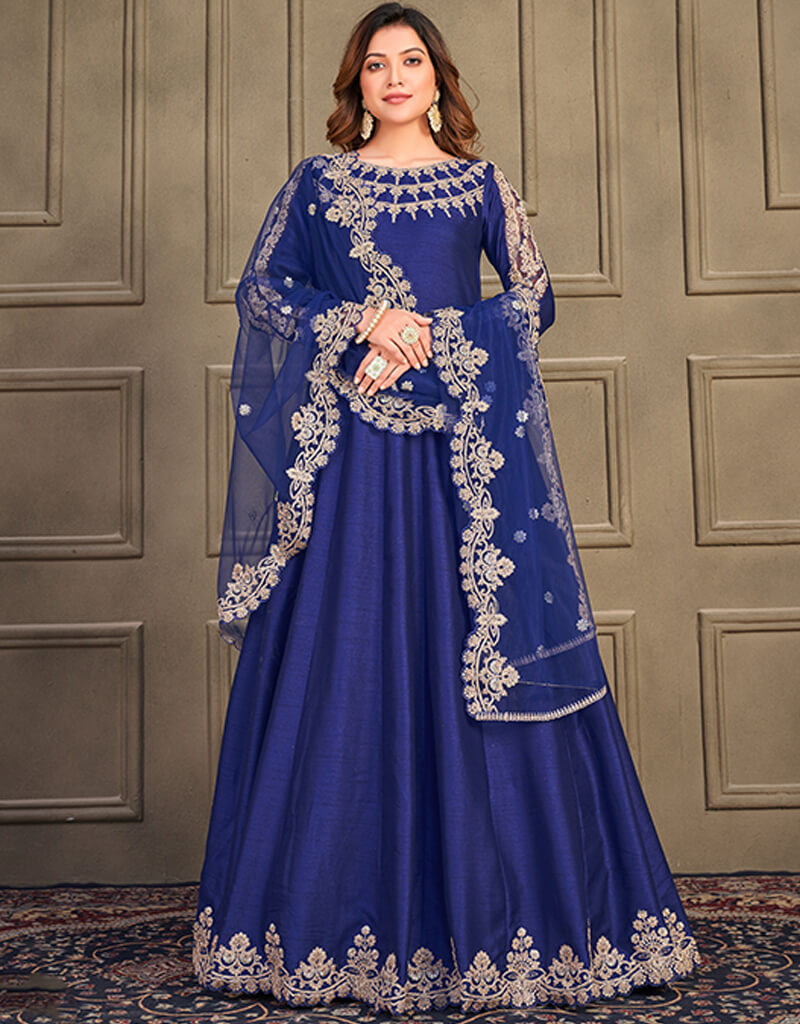 Royal Blue Art Silk Anarkali Suit for Women - Elegant Indian Party Wear, Wedding Guest Outfit, Festive Ethnic Dress for Diwali, Eid & Special Occasions