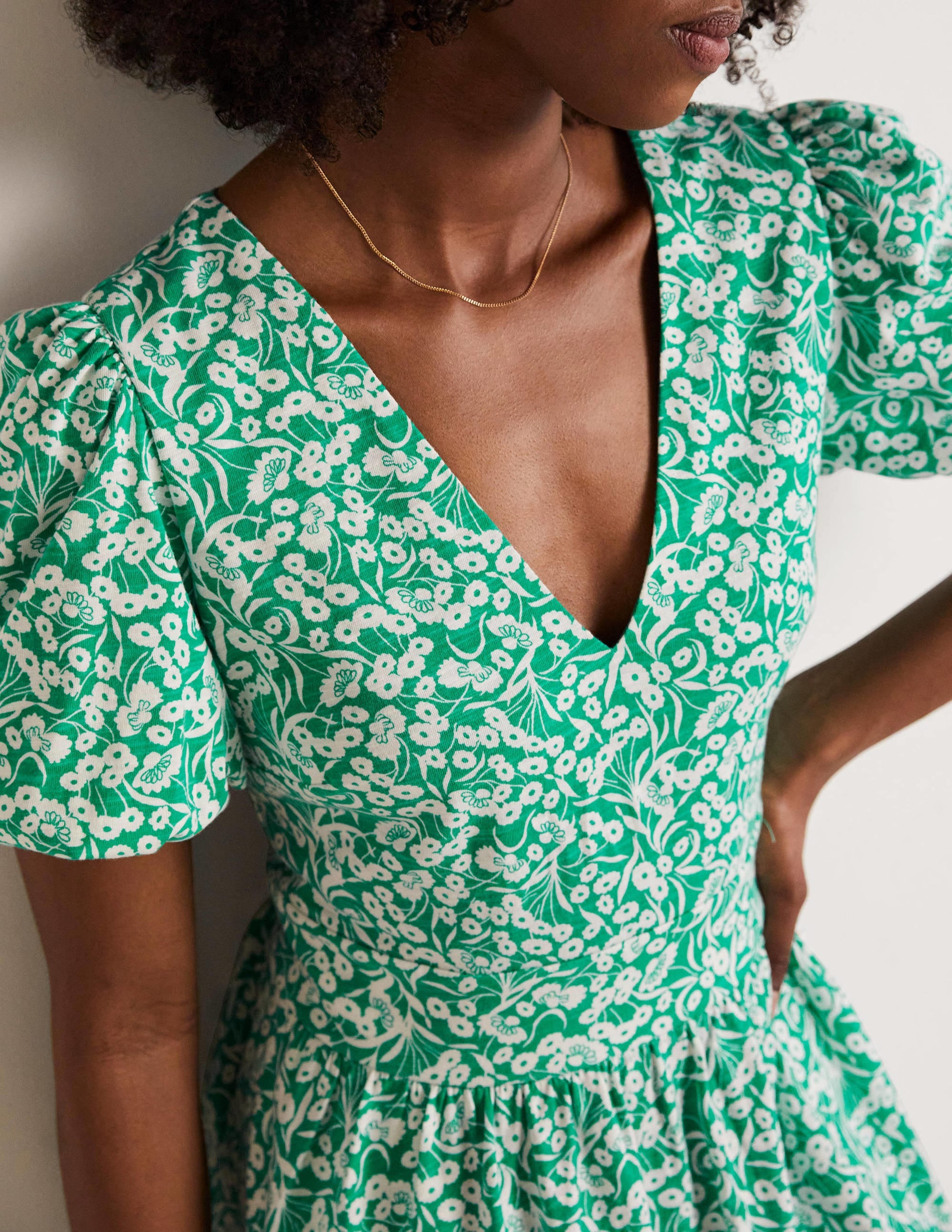Emerald Green Back Detail Jersey Mini Dress with Floral Bud Design - Perfect for Parties, Dates & Night Out