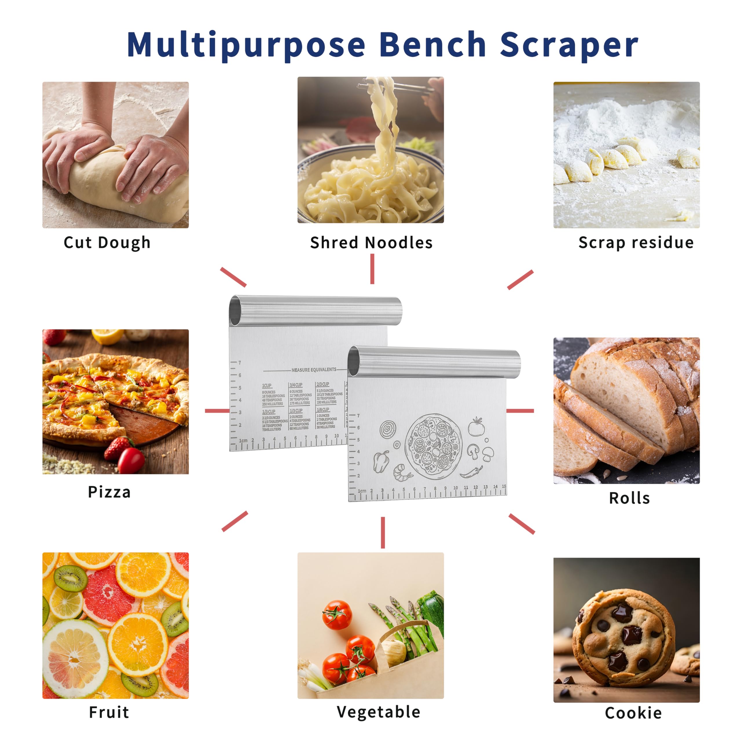 2-Pack Stainless Steel Bench Dough Scraper & Cutter - 6 Inch Professional Kitchen Tool with Protective Cover for Baking, Cooking, Pizza Dough - Perfect for Home Bakers & Commercial Kitchens (Silver)