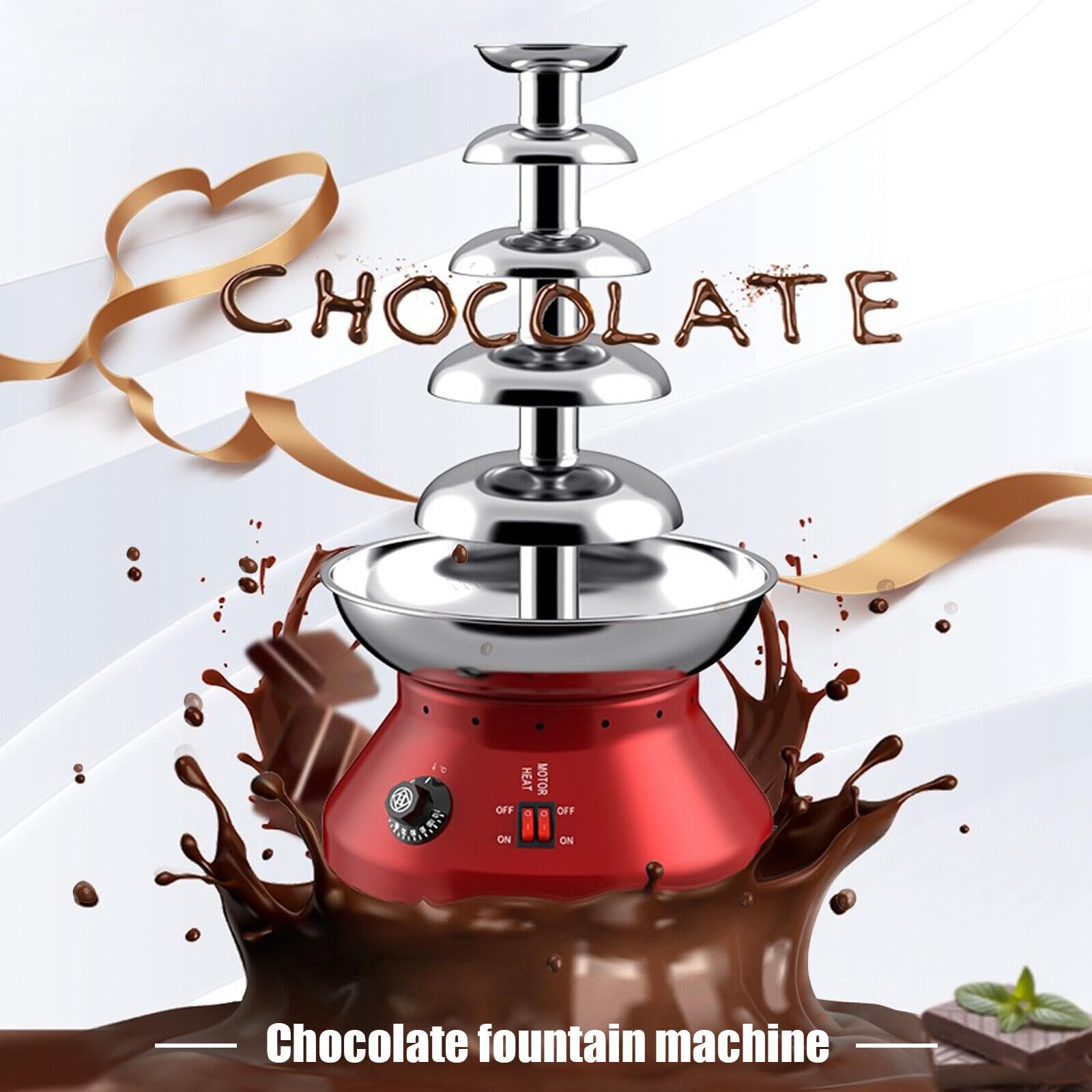Commercial Chocolate Fountain Machine 7lb Large Capacity - Stainless Steel Hot Chocolate Melting Heater for Fondue, Nacho Cheese & Liqueurs - Perfect for Weddings, Parties & Events (5-Tier, Red)