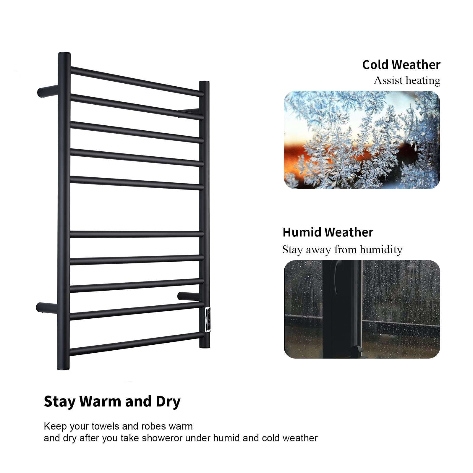 ETW25A Electric Towel Warmer with Timer - Wall Mounted Bathroom Heated Towel Rack, Plug-in Black - Perfect for Spa, Luxury Bathrooms & Cold Weather Comfort