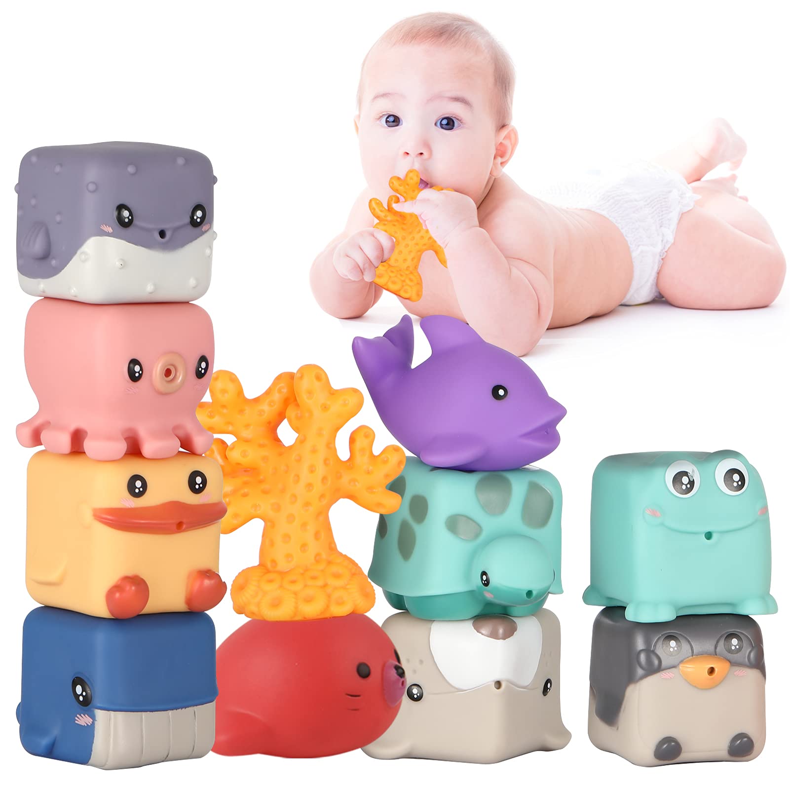 **Soft Baby Stacking Blocks - Montessori Educational Toys for Infants 6-12 Months, Cute Animal Teething & Squeeze Play (11PCS) - Perfect for Easter Gifts, Toddler Learning & Sensory Development**