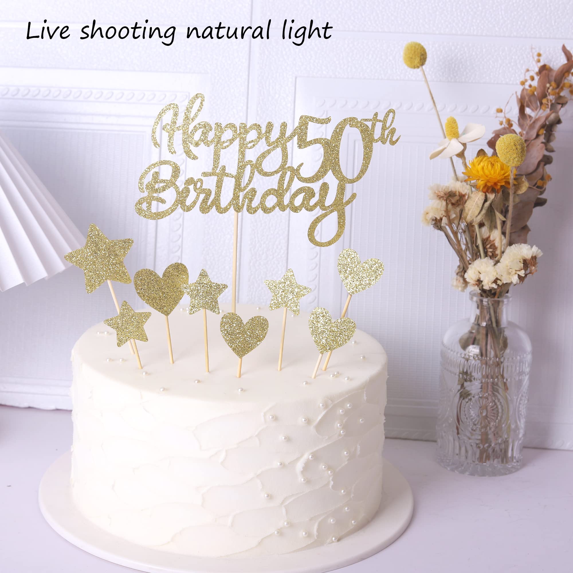 Rsstarxi 9 Pack Happy 50th Birthday Cake Topper Set - Glitter Heart & Star Cupcake Toppers for 50th Birthday Party Decorations | Cheers to 50 Years Old | Perfect for Anniversary Celebrations, Milestone Parties & Cake Decorating