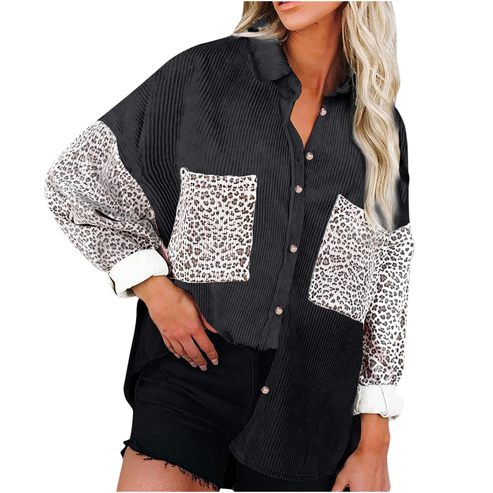 Anjikang Women's Flannel Leopard Print Patchwork Long Sleeve Button Down Shirt - Stylish Lapel Blouse for Casual Wear, Fall Fashion & Outdoor Activities