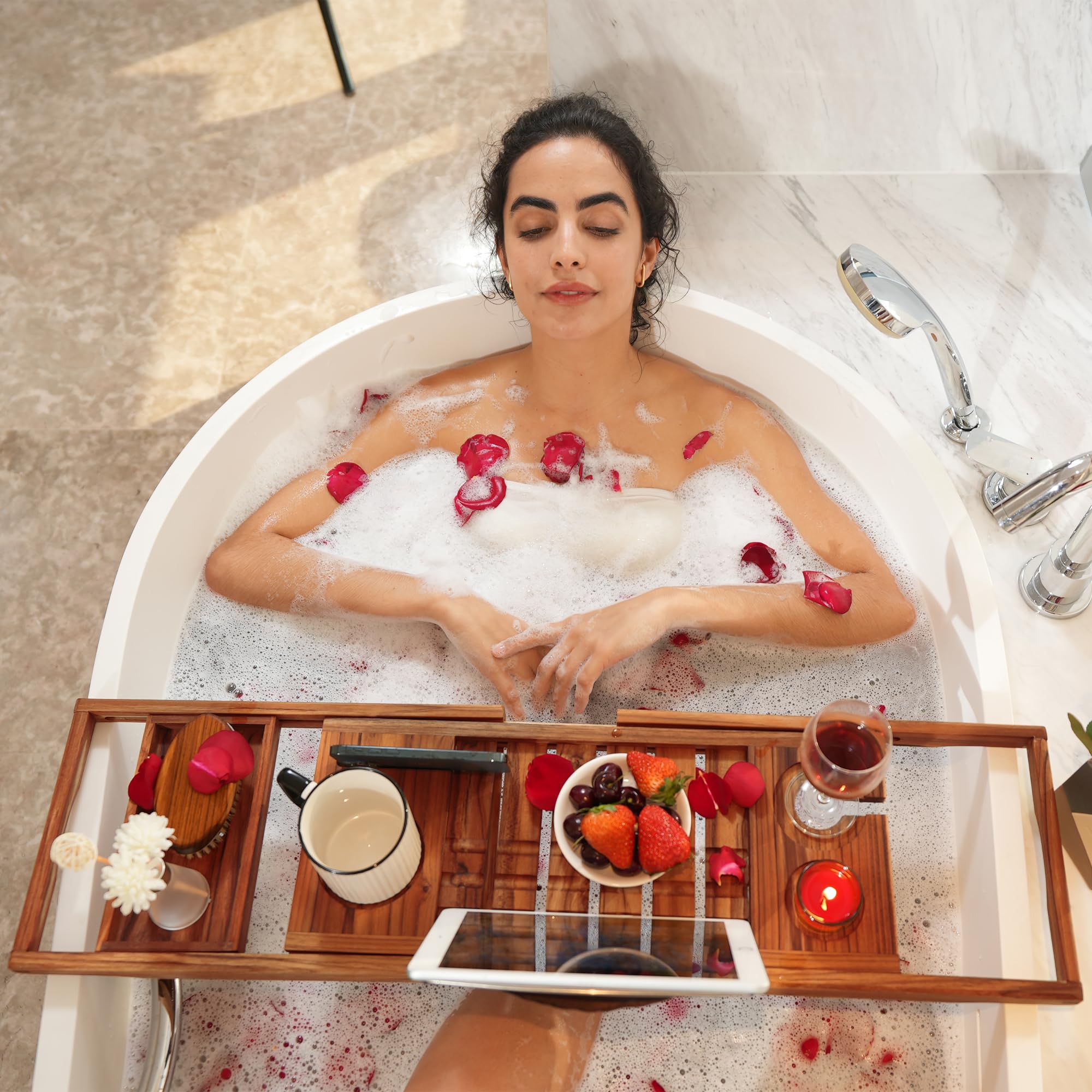 Premium Expandable Teak Bathtub Tray - Luxury Wooden Bath Caddy for Spa Relaxation | Perfect Housewarming, Anniversary & Wedding Gift with Free Teak Body Brush | Bathroom Accessories for Bubble Baths & Wine Nights