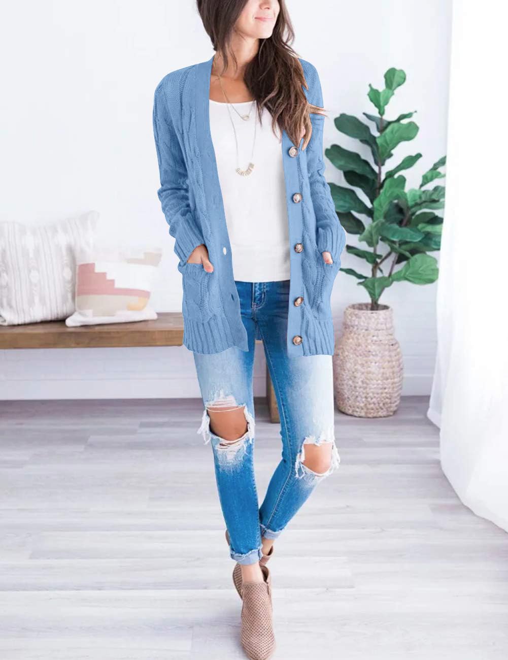 MEROKEETY Women's 2025 Fall Long Sleeve Cable Knit Cardigan Sweater - Open Front Button Loose Fit Outerwear for Casual Wear, Office & Autumn Outfits