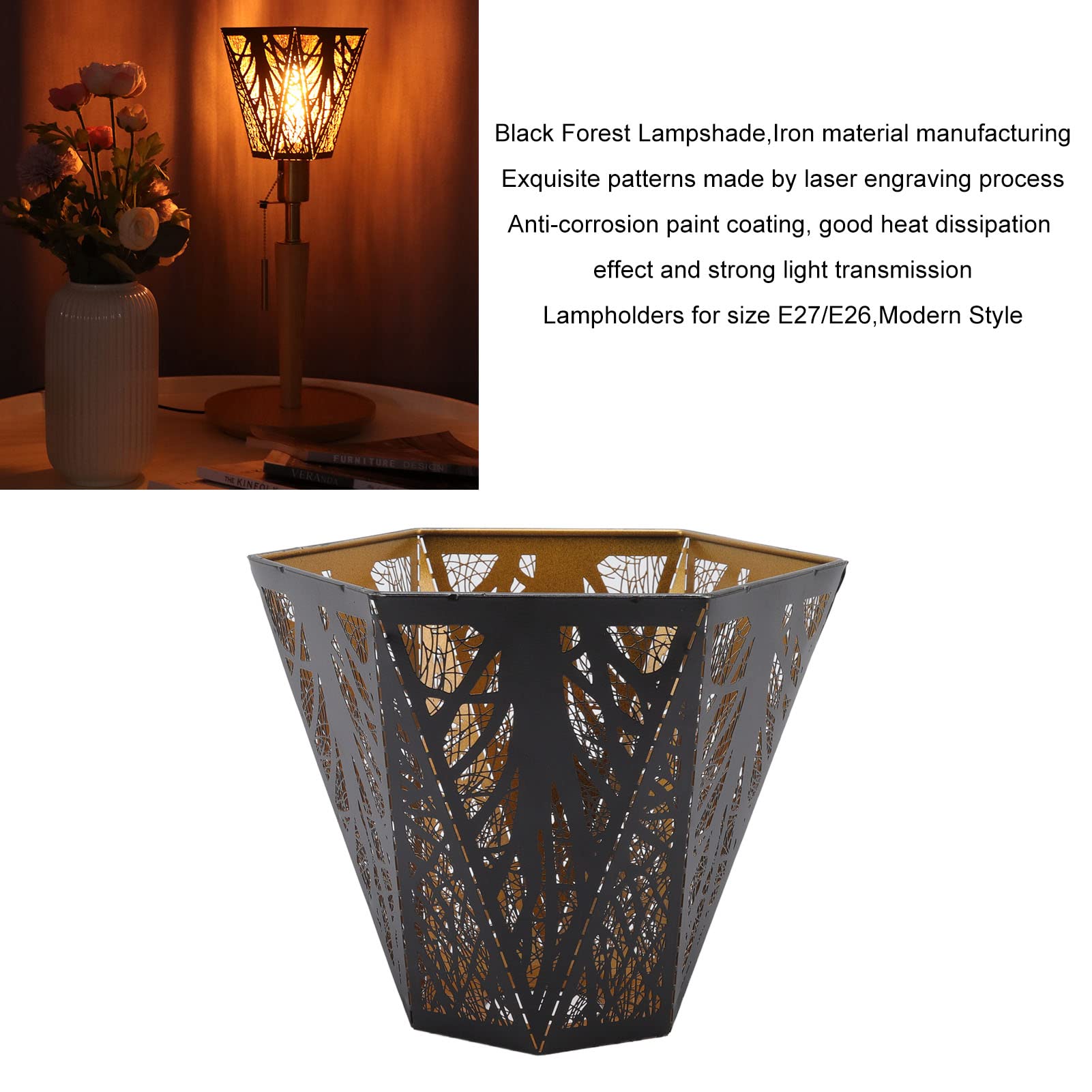 Modern Wrought Iron Metal Lamp Shade - Black Forest Tree Carving Design, E26 E27 Base, 8.3x6.3x3.9 Inch - Perfect for Bedroom, Living Room & Office Desk Lighting Decor