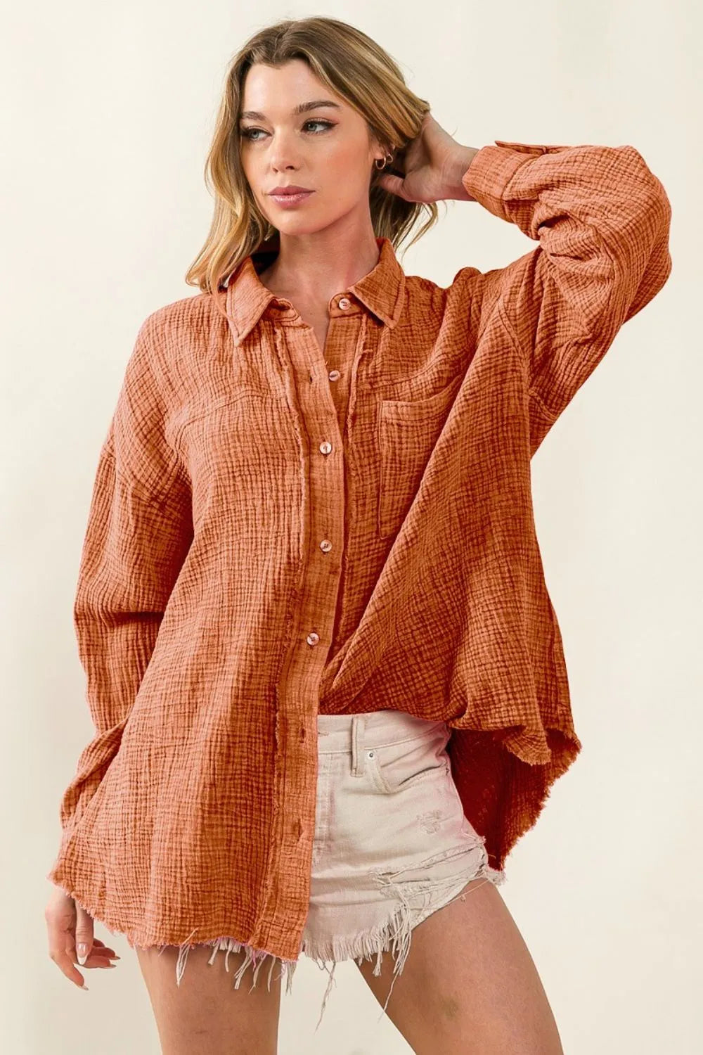 BiBi Raw Edge Detailed Mineral Washed Loose Fit Shirt for Women | Vintage Distressed Casual Top | Perfect for Streetwear, Layering & Everyday Outfits