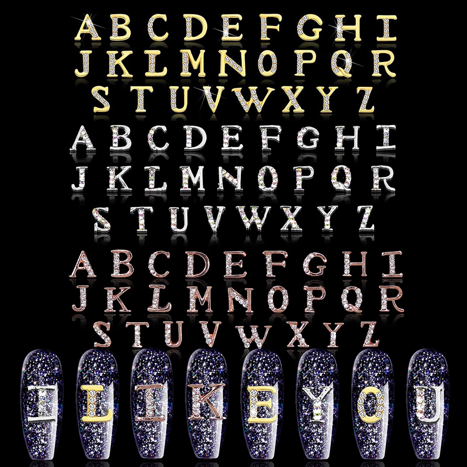 **DANNEASY 78-Piece 3D Alphabet Nail Charms Set - Gold, Silver, Rose Gold Letter Stickers for Nail Art | DIY Manicure, Nail Salon & Party Decoration | Perfect for Wedding, Birthday, Holiday Nail Designs | Nail Art Accessories for Professional & Home Use | Great for Social Media, Photo Shoots & Gift Ideas**