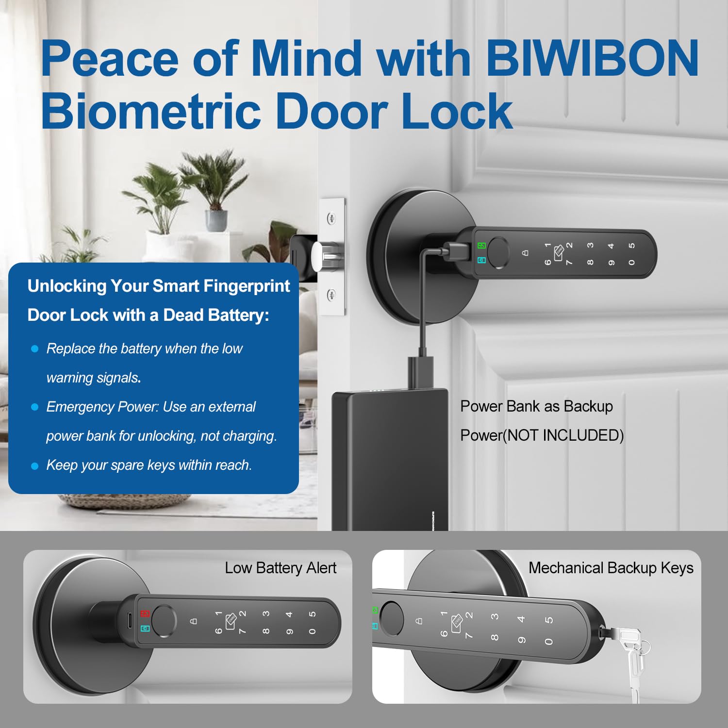 5-in-1 Smart Fingerprint Door Lock with APP Control, Keypad, IC Card & Backup Keys - Electronic Keyless Entry for Home, Office, Apartment (Black, 2 Pack) - Perfect for Secure Access to Bedrooms, Vacation Rentals & Smart Homes