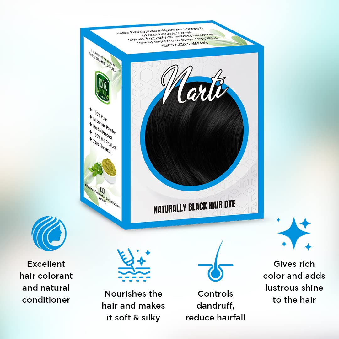 NARTI 100% Pure Natural Hair Dye Kit - Ammonia-Free Herbal Hair Color with Microfine Powder (Includes Gloves, Shower Cap & Brush) - Pack of 4 for Naturally Black Hair | Perfect for At-Home Hair Coloring & DIY Salon Treatments