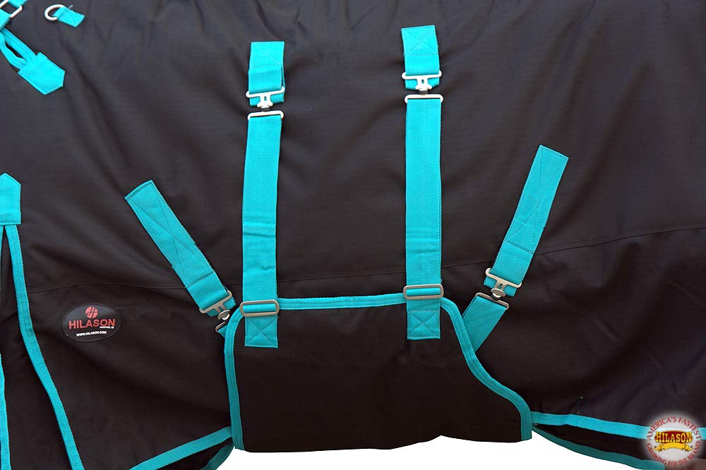 HILASON 1200D Winter Waterproof Horse Blanket with Belly Wrap - 78 Inch Black & Turquoise - Heavy Duty Turnout Blanket for Cold Weather | Ideal for Pasture, Riding, and Stable Use