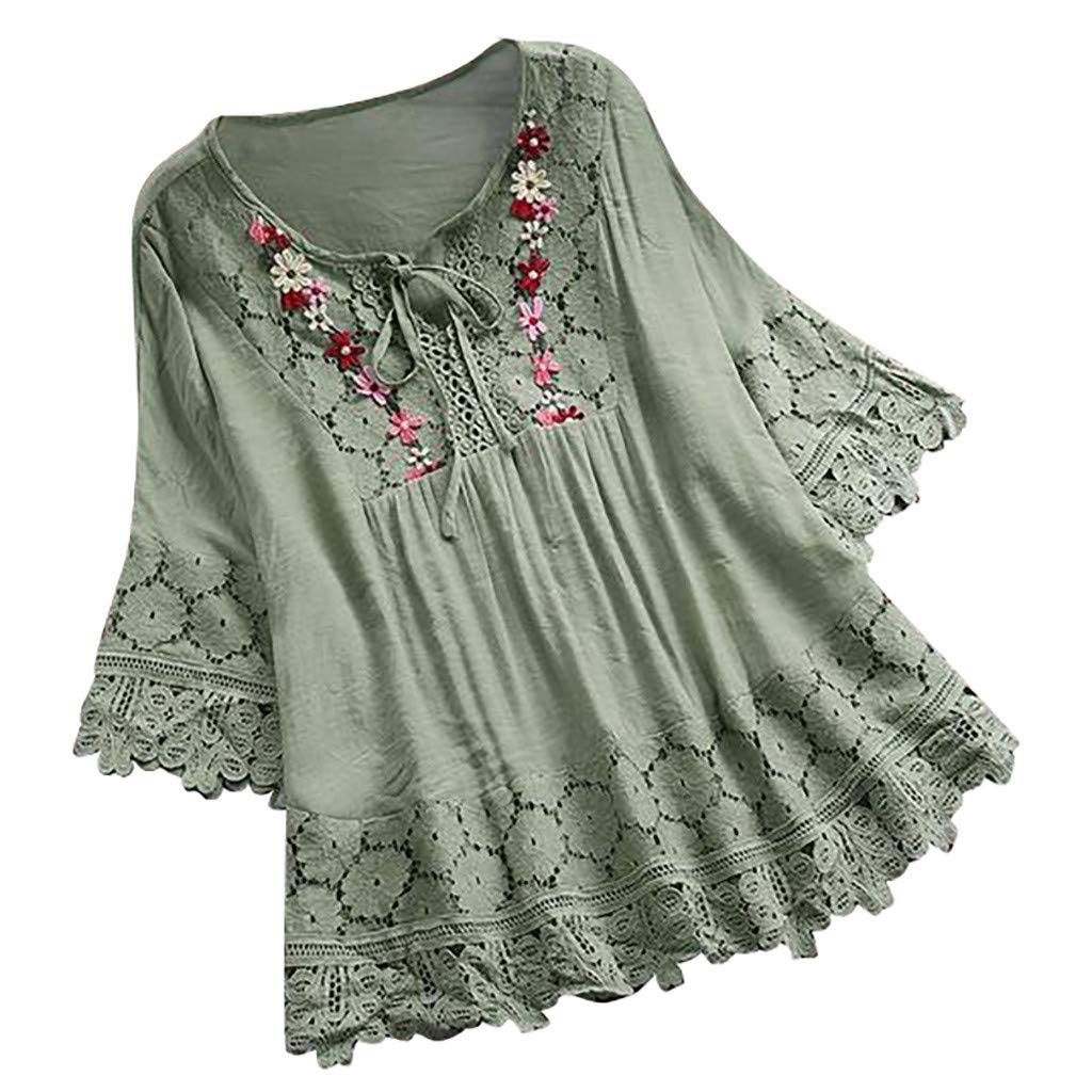 Vintage Lace Patchwork Bow Shirts for Women - Embroidery V-Neck 3/4 Sleeve Casual Blouse | Summer Tops, Solid Color T-Shirts | Perfect for Beach Outings, Date Nights & Office Wear