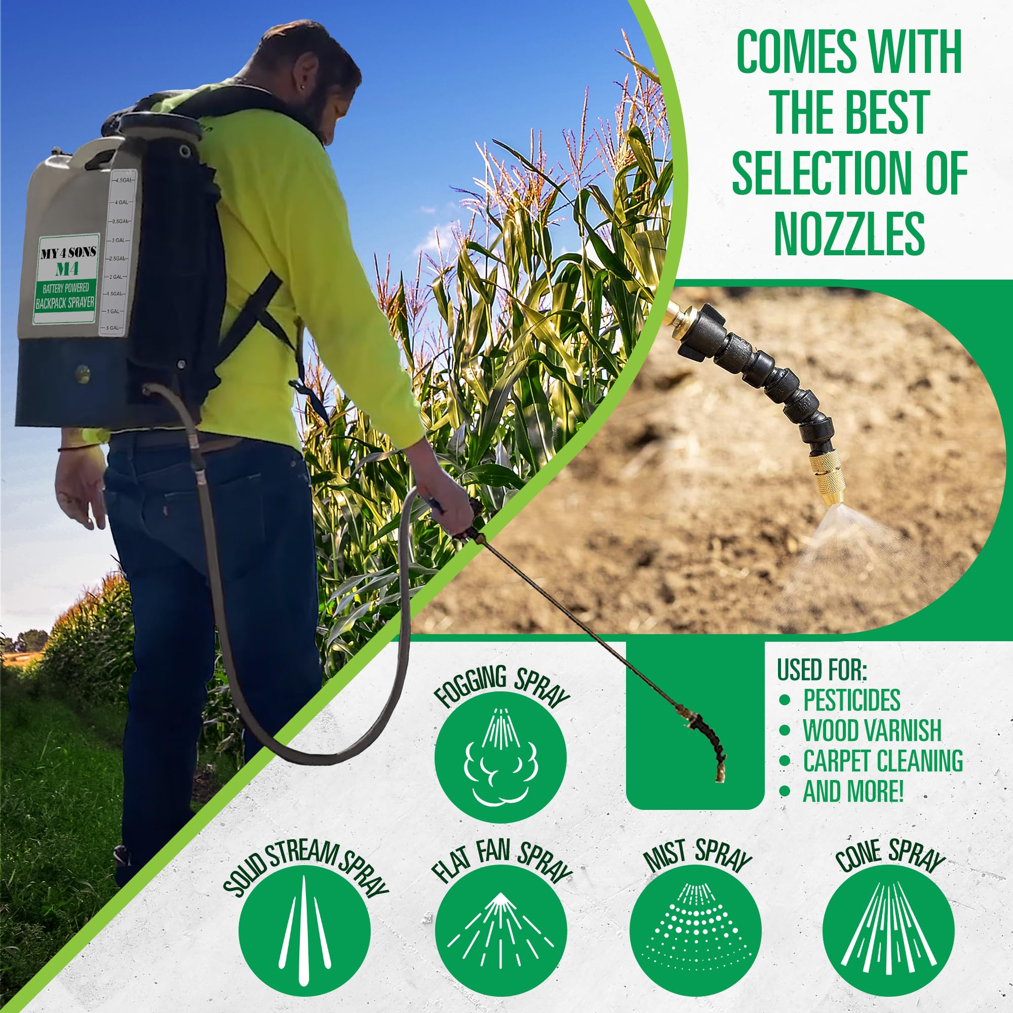 MY4SONS M4 Cordless Battery Powered Backpack Sprayer - 4 Gallon Capacity with 15ft Hose, Includes Rechargeable Battery & Charger, Adjustable Stainless Steel Nozzles - Perfect for Lawn Care, Garden Spraying, Pest Control & Agricultural Use - Silver (Model M4)