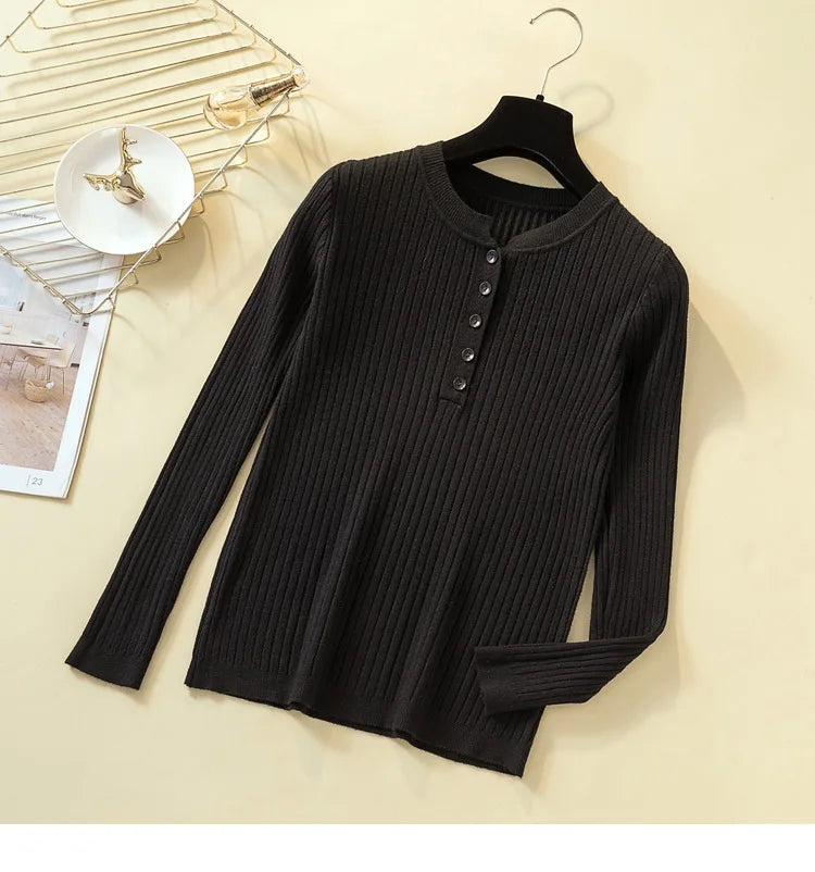 Button Basic Slim Knitted Pullover Sweater for Women - Soft Comfortable Lightweight Casual Tops for Fall & Winter - Perfect for Office, Dating and Weekend Outfits