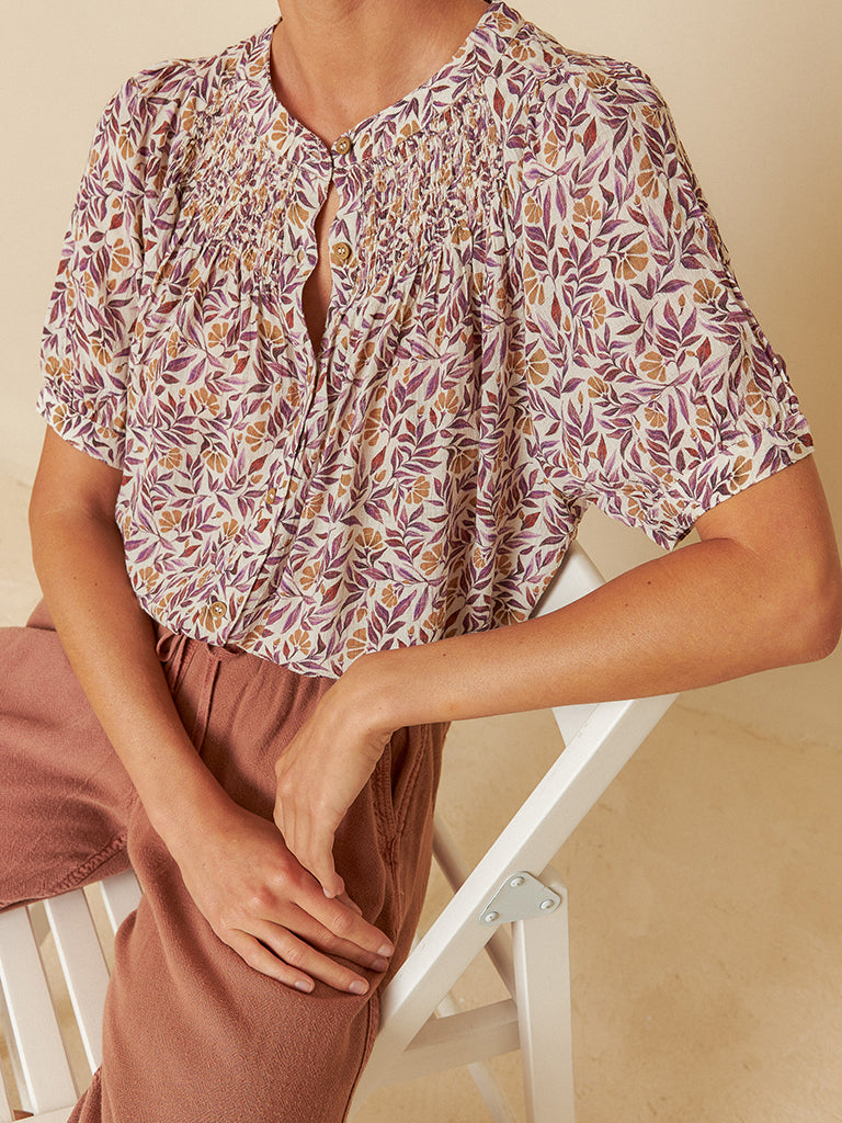 Indi & Cold Leaf Print Blouse in Violeta - Stylish Floral Printed Women's Top for Casual Wear, Office Outfits & Spring Fashion