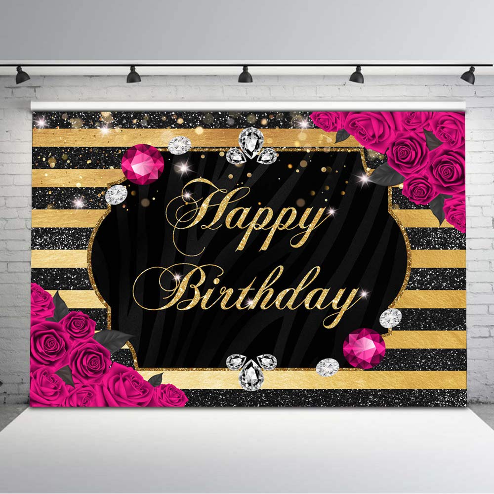 8x6ft Gold and Black Birthday Backdrop with Red Rose Flowers - Vinyl Floral Diamond Party Background for Women's Birthday, Anniversary, Bridal Shower Decor | Perfect for Indoor/Outdoor Celebrations, Photo Booths & Event Decorations