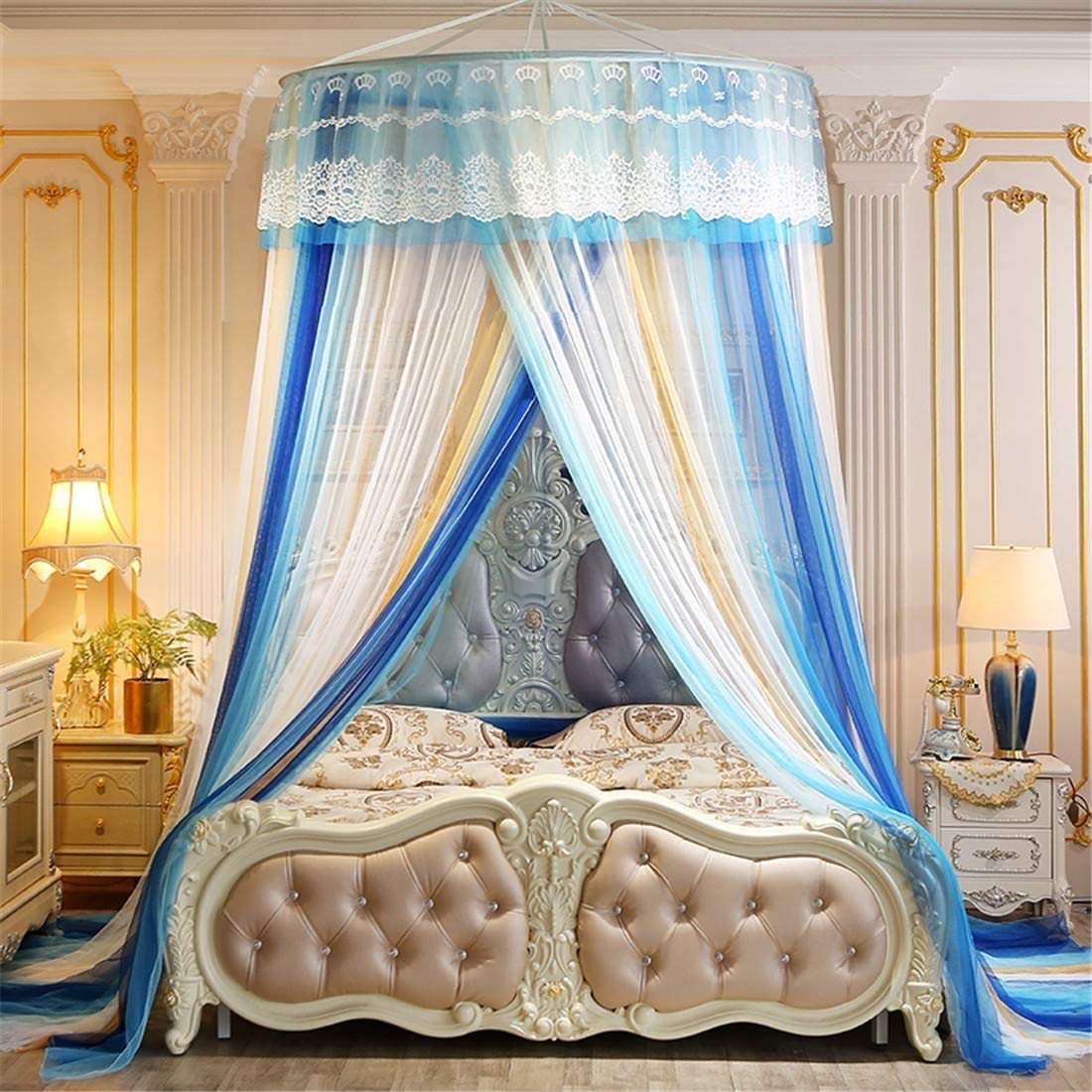 Luxury Princess Lace Bed Canopy - Mosquito Net for Girls & Adults - Perfect for Crib to King Size Beds (Blue)