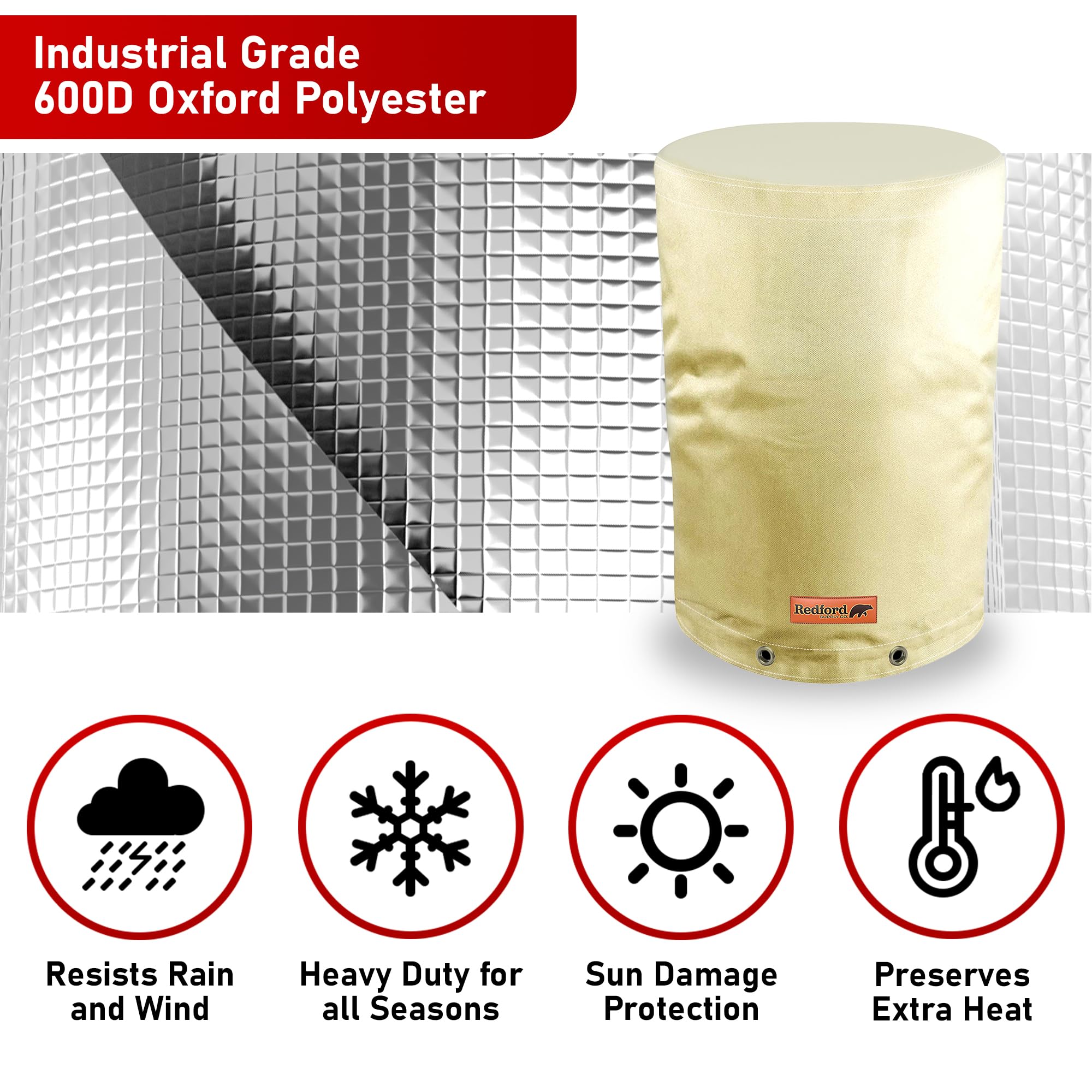 Redford Supply Co. Cold Snap (5°F) Round Water Pressure Tank Cover - Weatherproof & Insulated Winter Freeze Protection for Well Pumps - 26