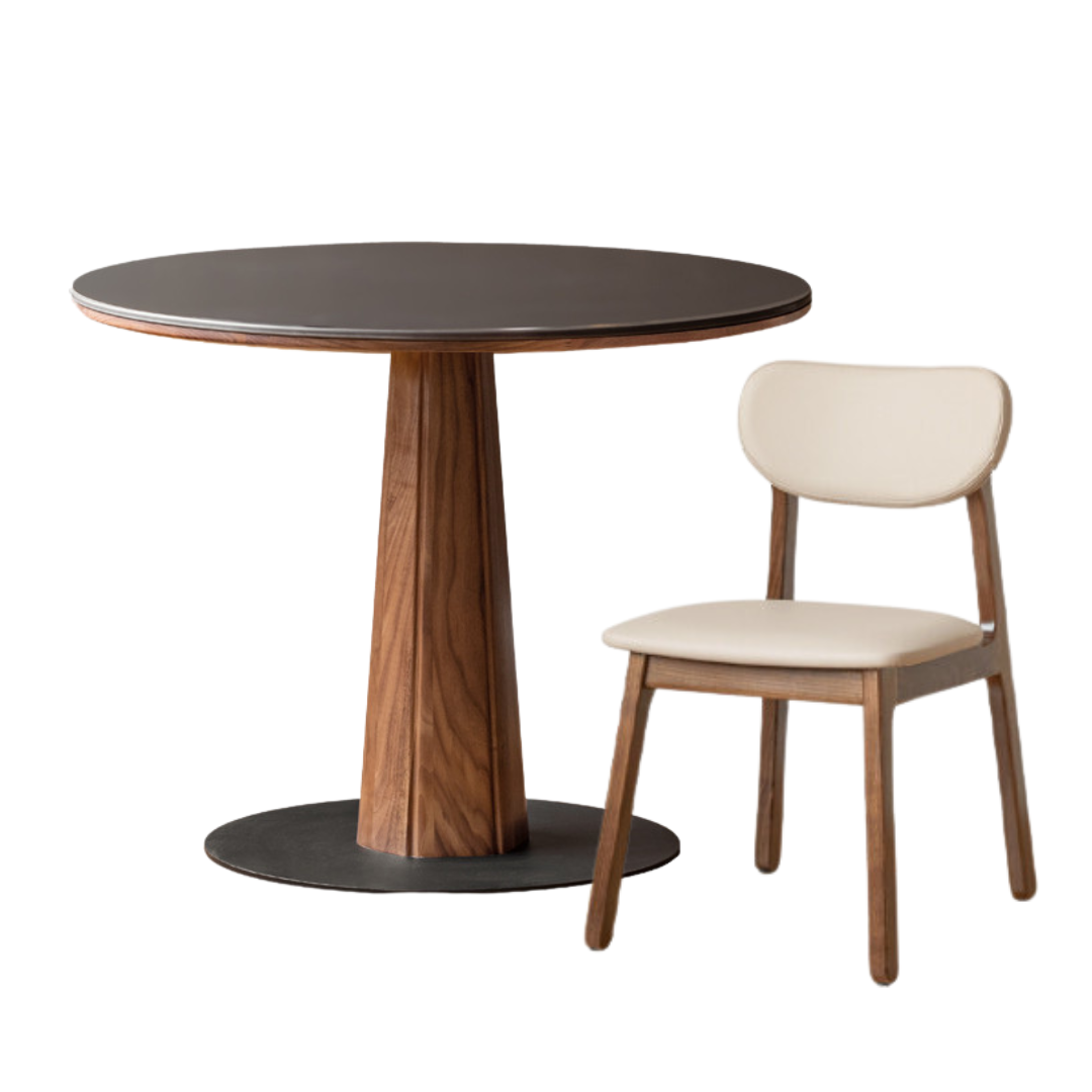 43.3x43.3x29.8 inch / 110x110x75.8 сm / rich dark walnut color / pure black slab round table and four chairs (chairs milk tea color)