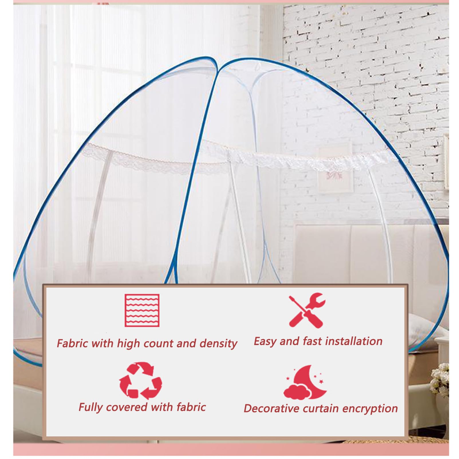 CYzpf Pop-Up Folding Bed Tent - Portable Mosquito Net Canopy with Stainless Steel Frame, Breathable Blue Netting for Indoor/Outdoor Use - Perfect for Camping, Backyard, and Kids' Room Protection