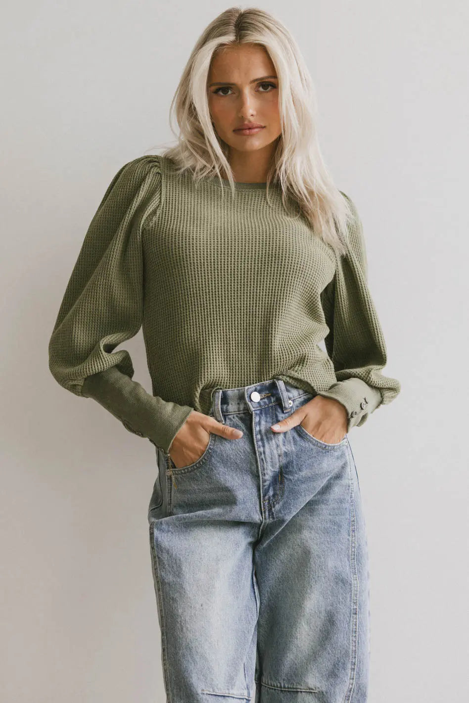 Lettie Waffle Knit Top Women's Olive Green Long Sleeve Shirt - Cozy Casual Loungewear for Fall & Winter | Final Sale