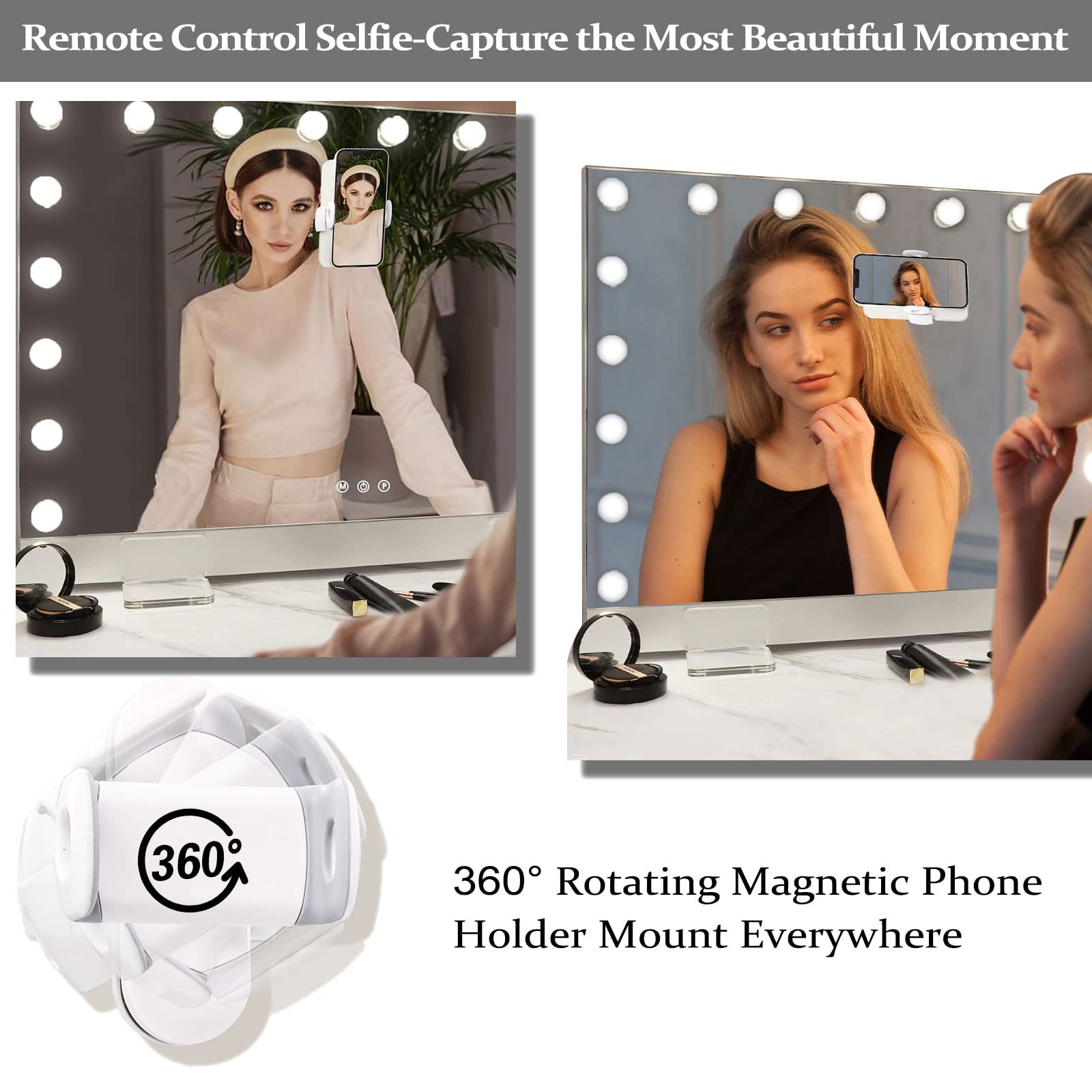 COOLJEEN 32x24 Inch Ultra-Thin Hollywood Vanity Mirror with 18 LED Lights, Selfie Remote Control & Magnetic Phone Holder - Large Wall Mount or Tabletop Makeup Mirror for Dressing Room, Bedroom, and Professional Makeup Studio