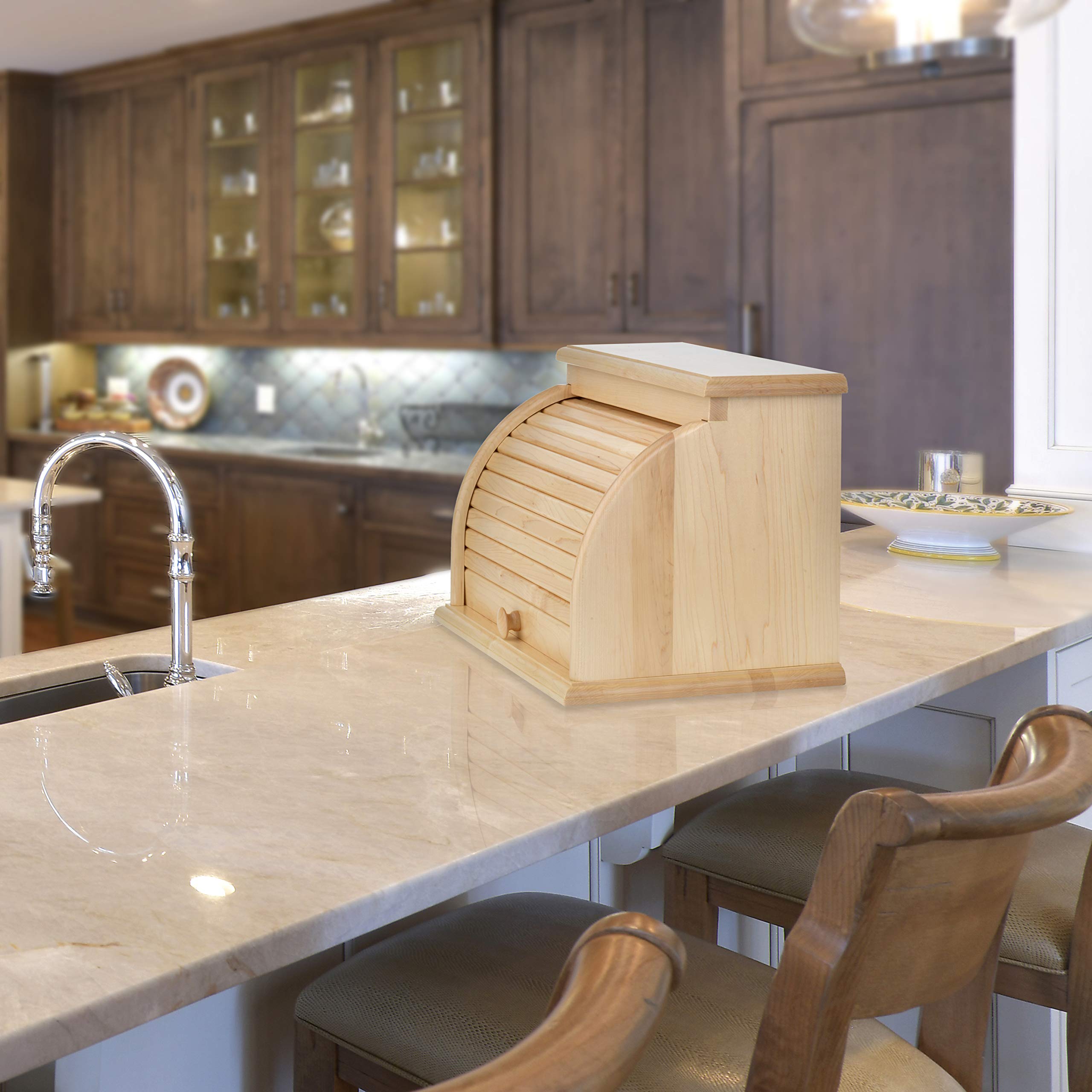 Amish Valley Roll Top Bread Box - Natural Oak Wood Storage Bin for Kitchen Counter | Perfect for Storing Bread, Buns & Pastries to Keep Fresh