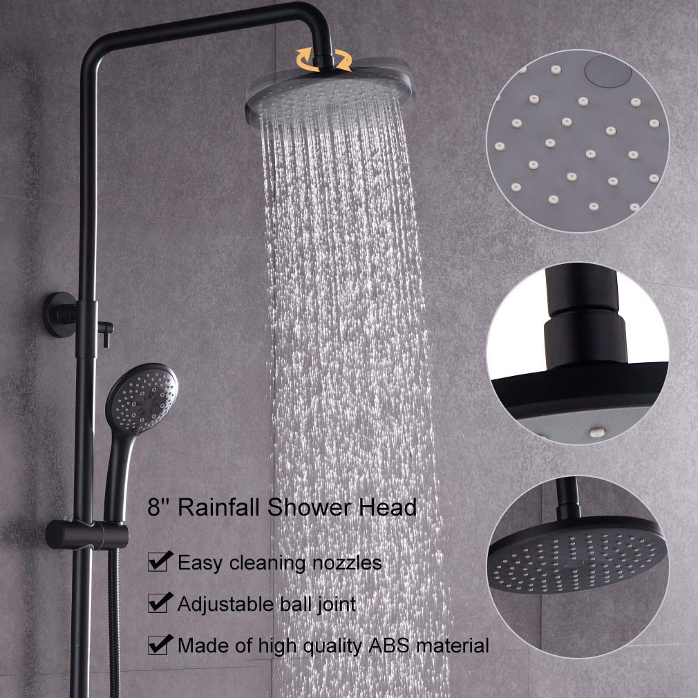 5-Function Outdoor Shower System - Matte Black Exposed Rain Shower Fixture with Handheld Sprayer (HXSB06U) for Patio, Poolside & Garden Use